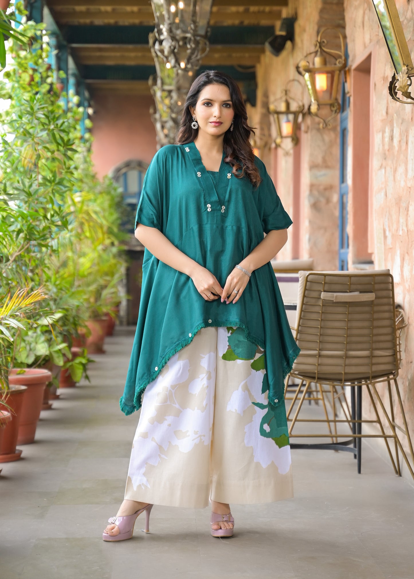 Kaftan kurta 2 Piece Cord Set with Kalamkari Print Bottom
