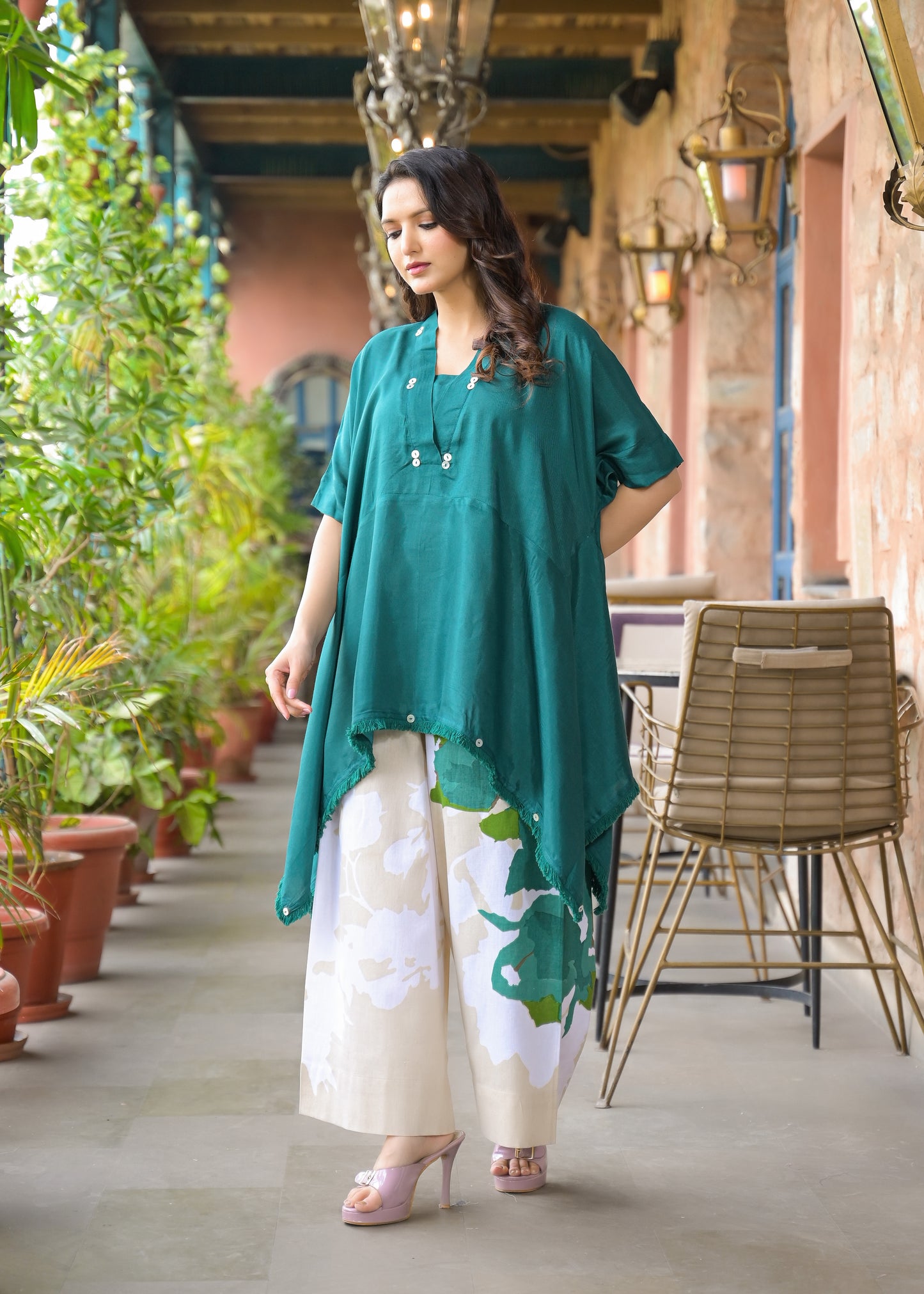 Kaftan kurta 2 Piece Cord Set with Kalamkari Print Bottom