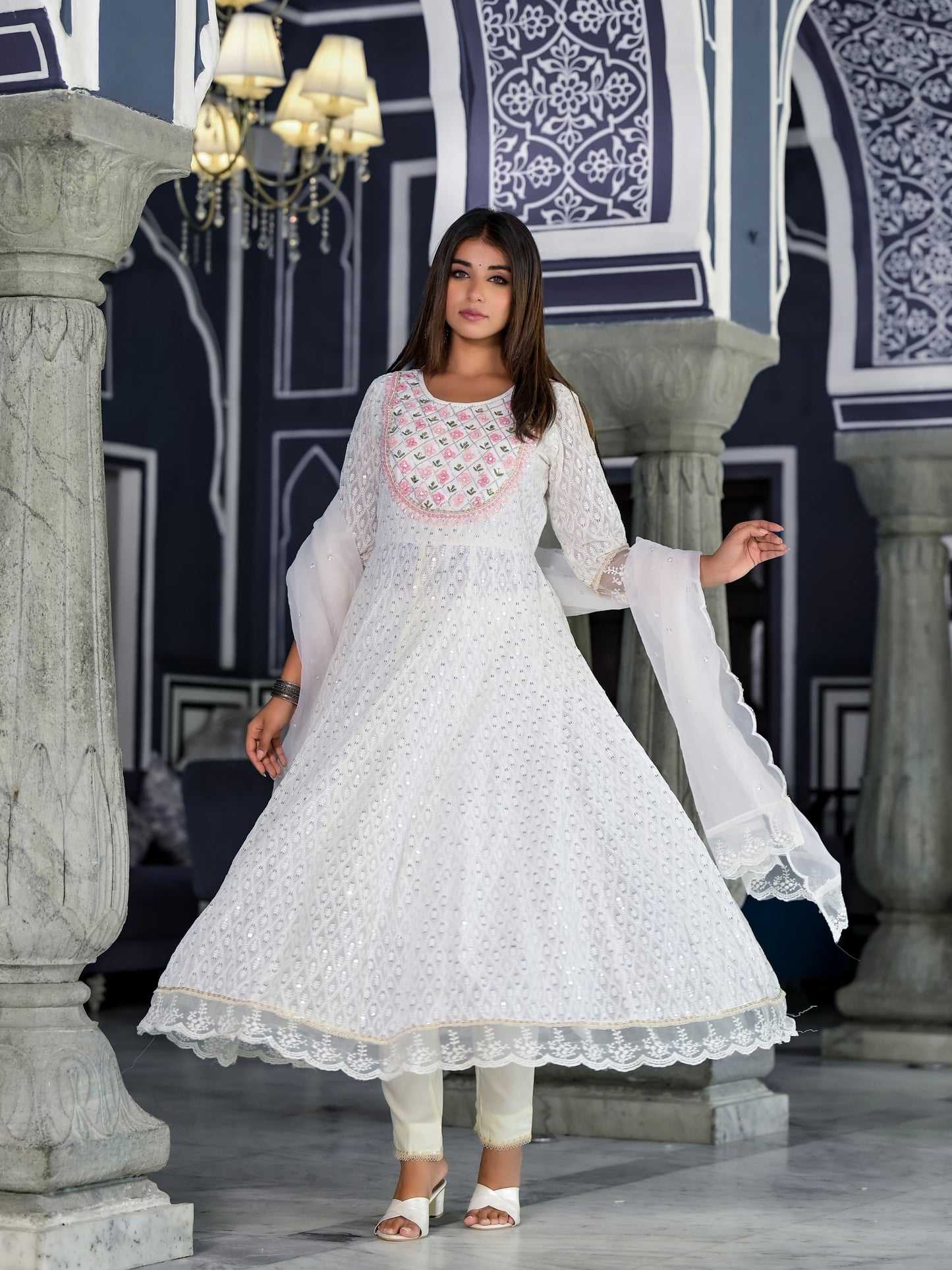 Anarkali Gota Patti with embroidered flowers Kurta with Pant & Organza Work Dupatta With Net Lace (3 Pieces)