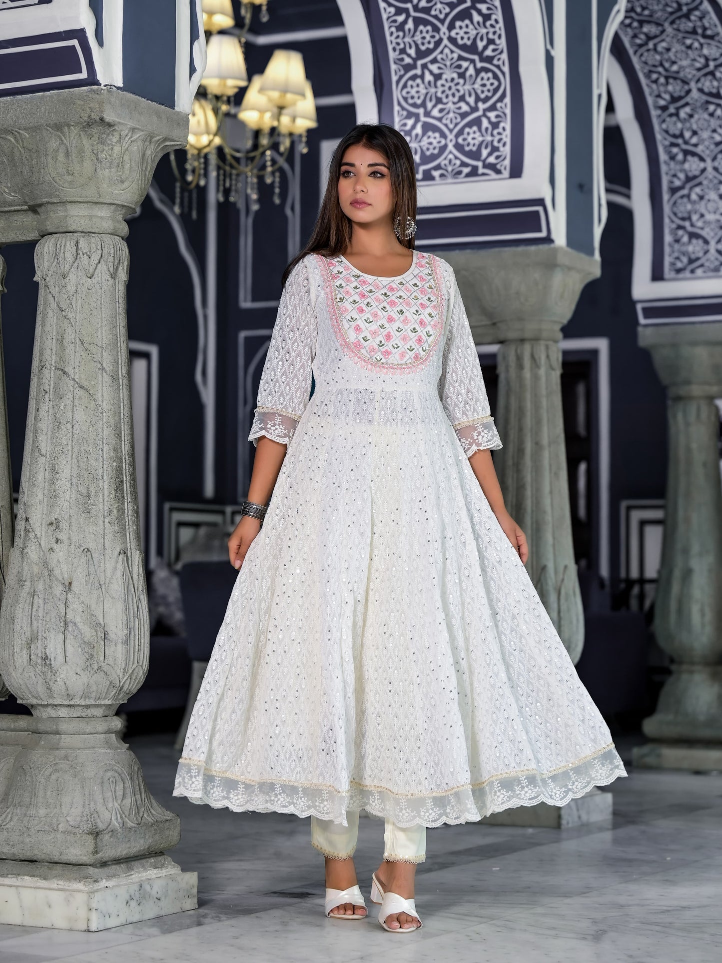 Anarkali Gota Patti with embroidered flowers Kurta with Pant & Organza Work Dupatta With Net Lace (3 Pieces)