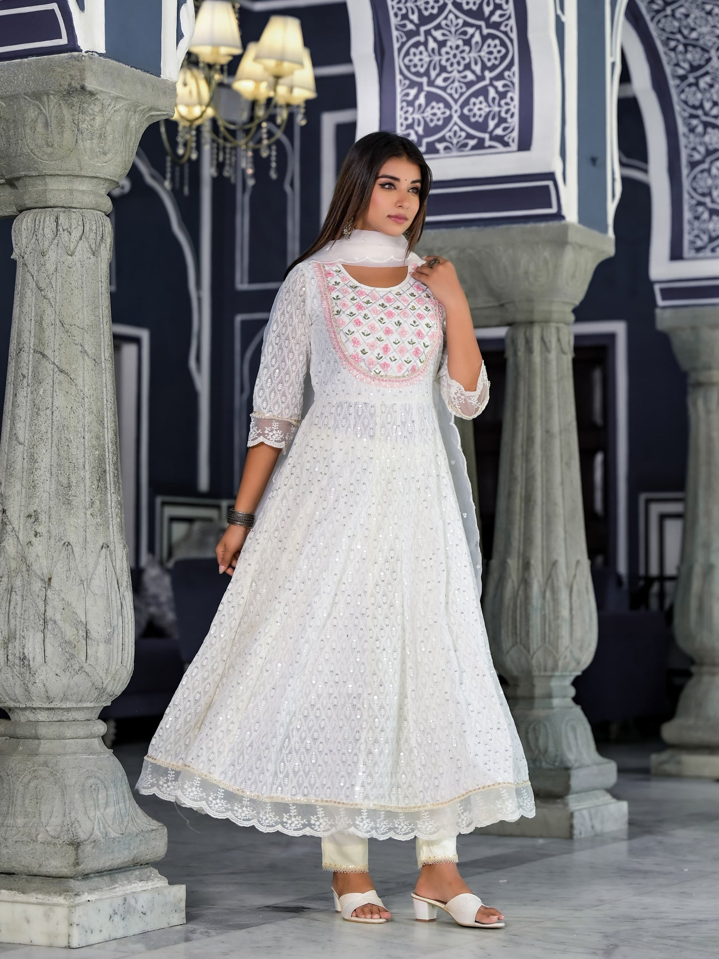 Anarkali Gota Patti with embroidered flowers Kurta with Pant & Organza Work Dupatta With Net Lace (3 Pieces)