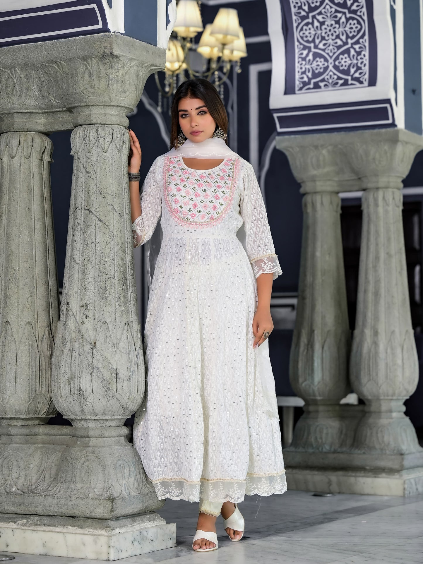 Anarkali Gota Patti with embroidered flowers Kurta with Pant & Organza Work Dupatta With Net Lace (3 Pieces)