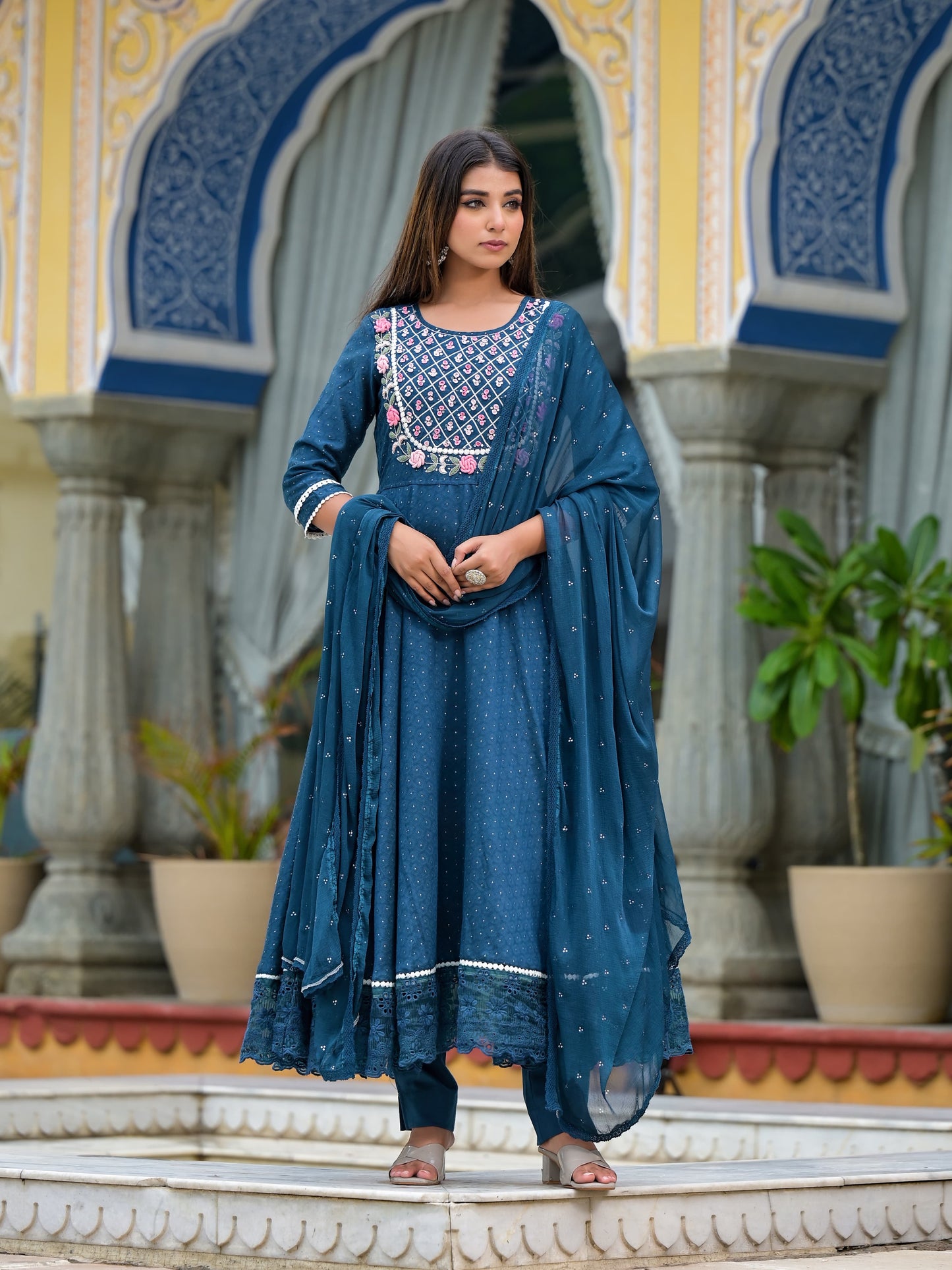 Anarkali Spring flower work Kurta with Pant & Shifon Dupatta 6-meter gira (3 Pieces)