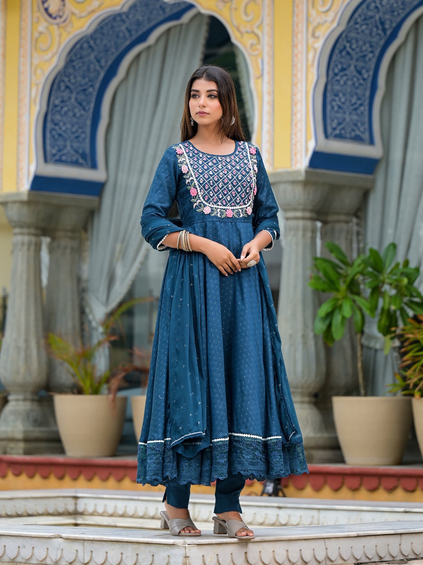 Anarkali Spring flower work Kurta with Pant & Shifon Dupatta 6-meter gira (3 Pieces)