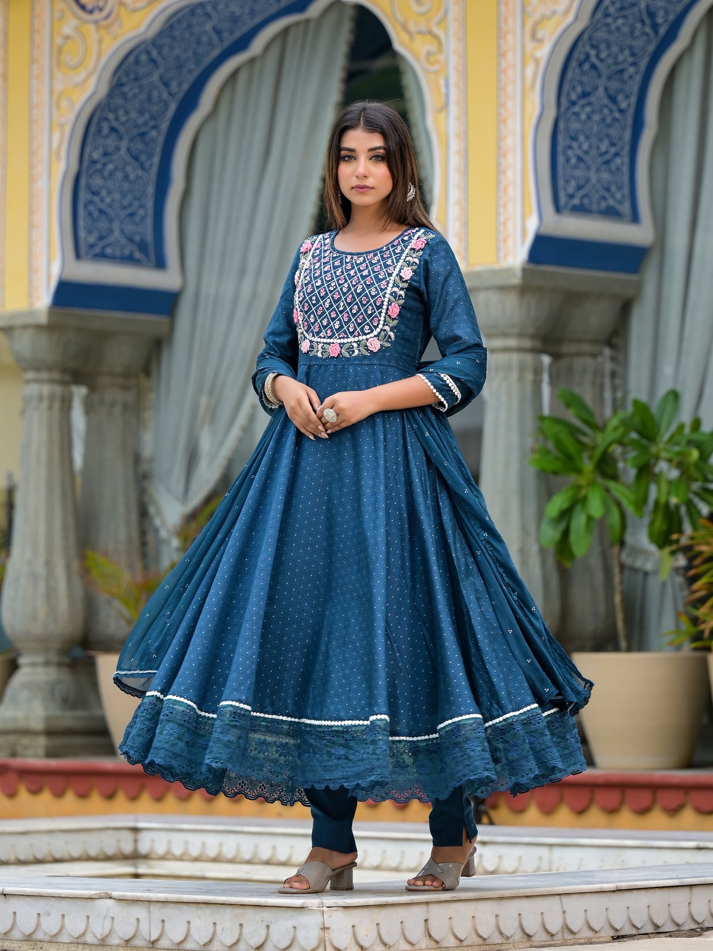 Anarkali Spring flower work Kurta with Pant & Shifon Dupatta 6-meter gira (3 Pieces)