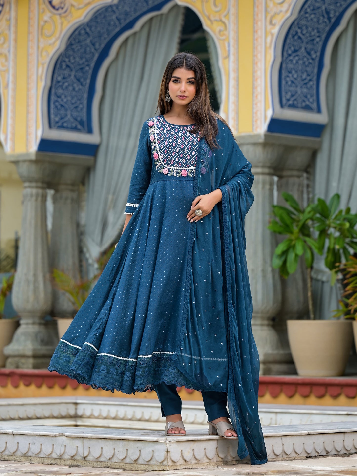 Anarkali Spring flower work Kurta with Pant & Shifon Dupatta 6-meter gira (3 Pieces)