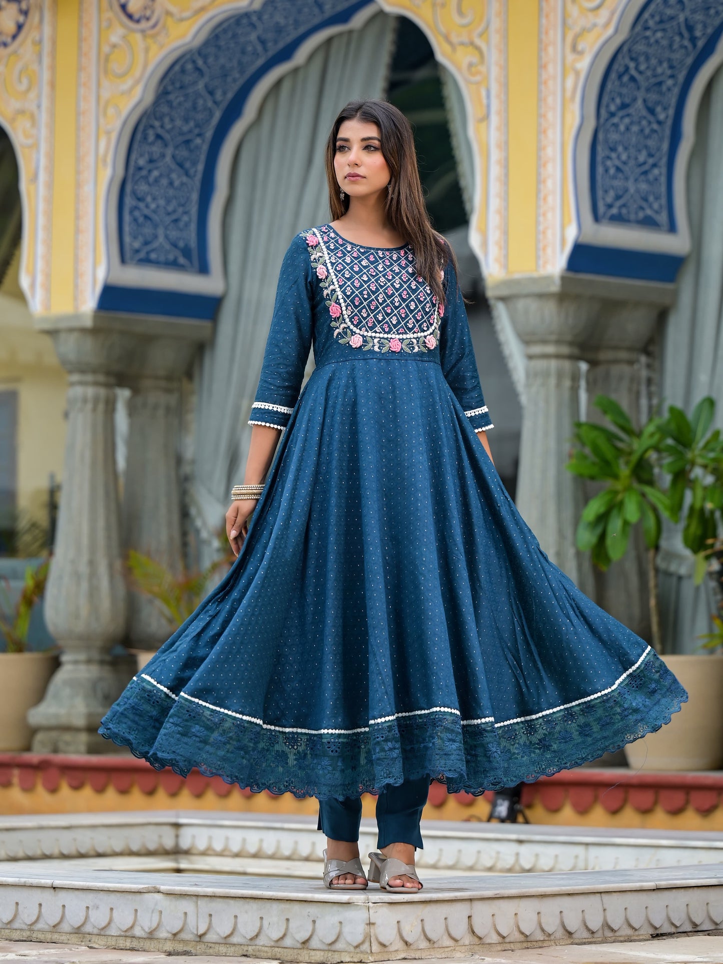 Anarkali Spring flower work Kurta with Pant & Shifon Dupatta 6-meter gira (3 Pieces)