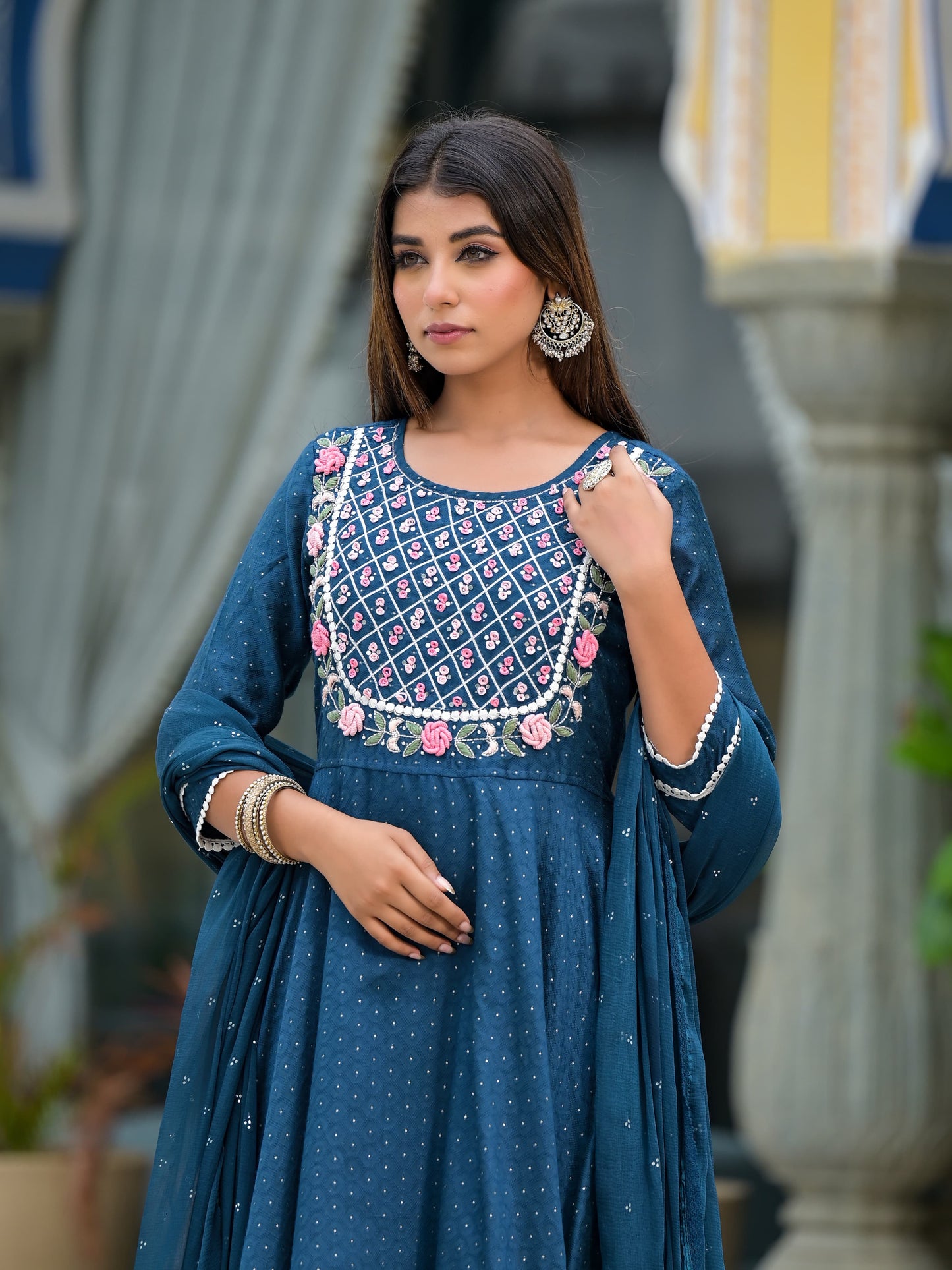 Anarkali Spring flower work Kurta with Pant & Shifon Dupatta 6-meter gira (3 Pieces)
