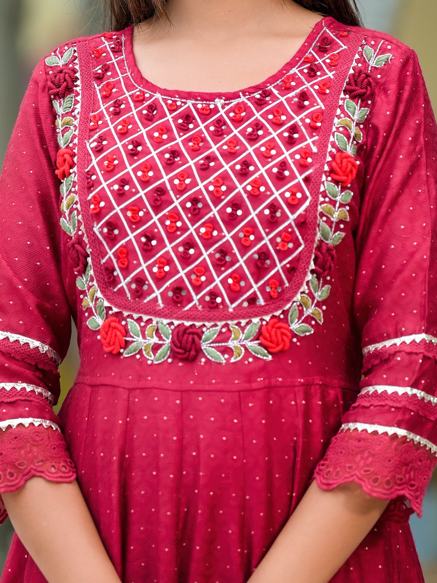 Anarkali Spring flower work Kurta with Pant & Shifon Dupatta 6-meter gira (3 Pieces)