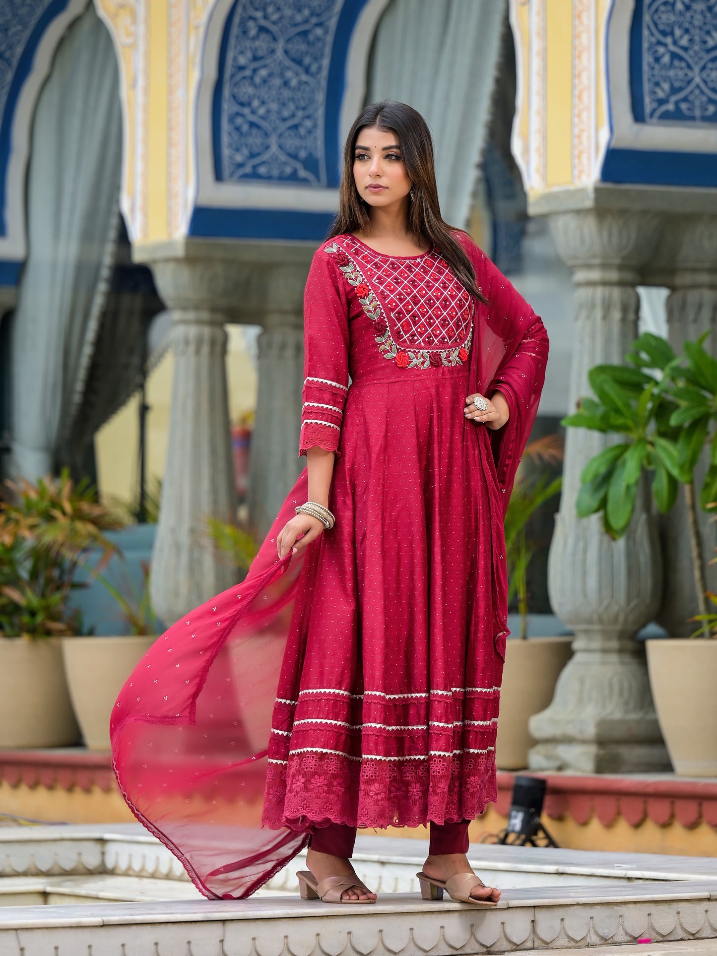 Anarkali Spring flower work Kurta with Pant & Shifon Dupatta 6-meter gira (3 Pieces)