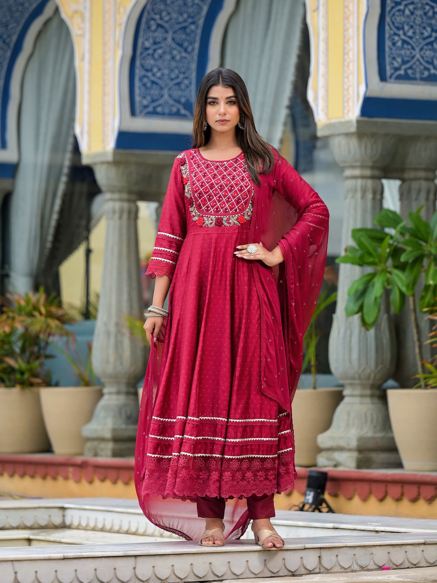 Anarkali Spring flower work Kurta with Pant & Shifon Dupatta 6-meter gira (3 Pieces)