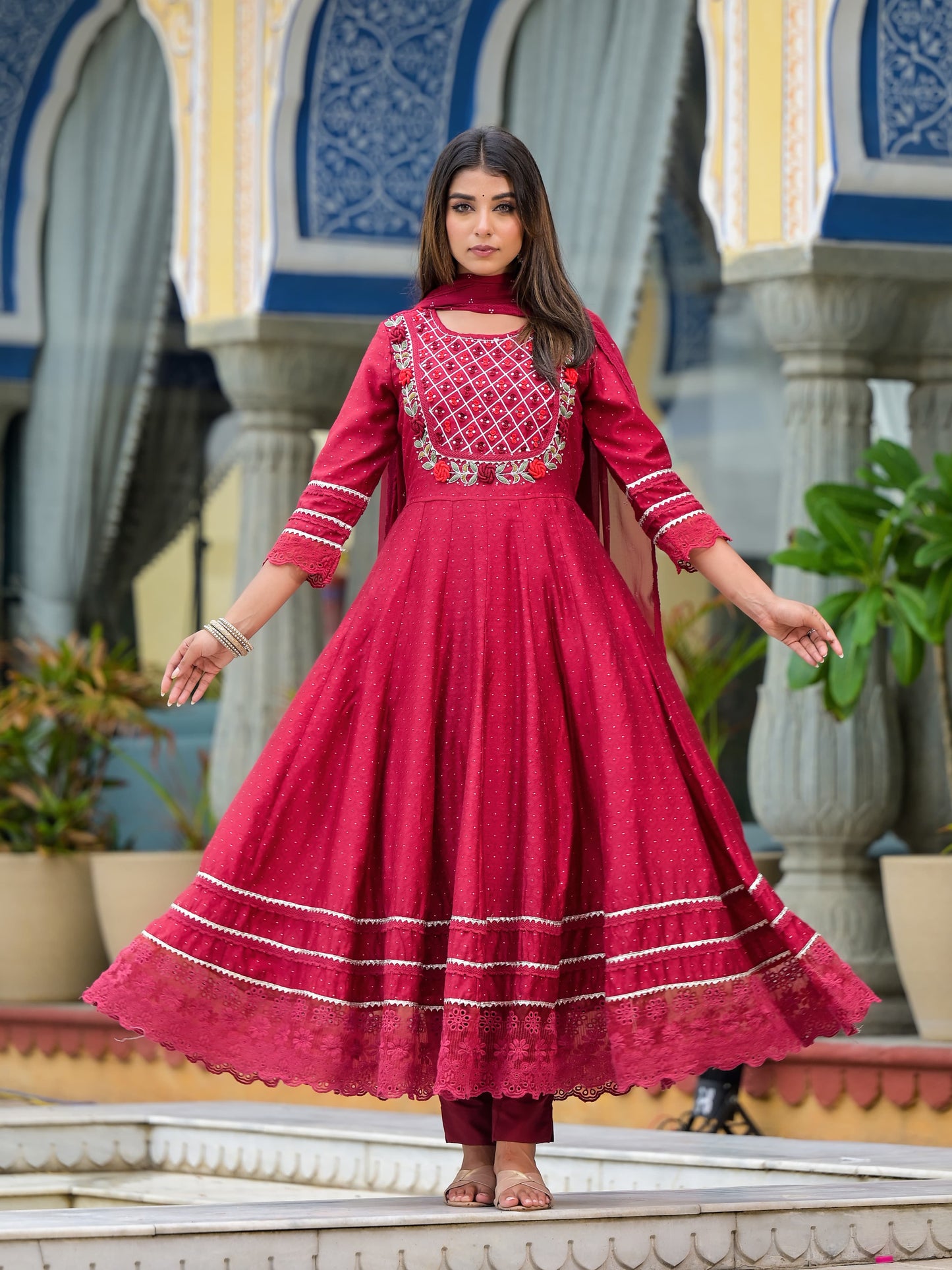 Anarkali Spring flower work Kurta with Pant & Shifon Dupatta 6-meter gira (3 Pieces)