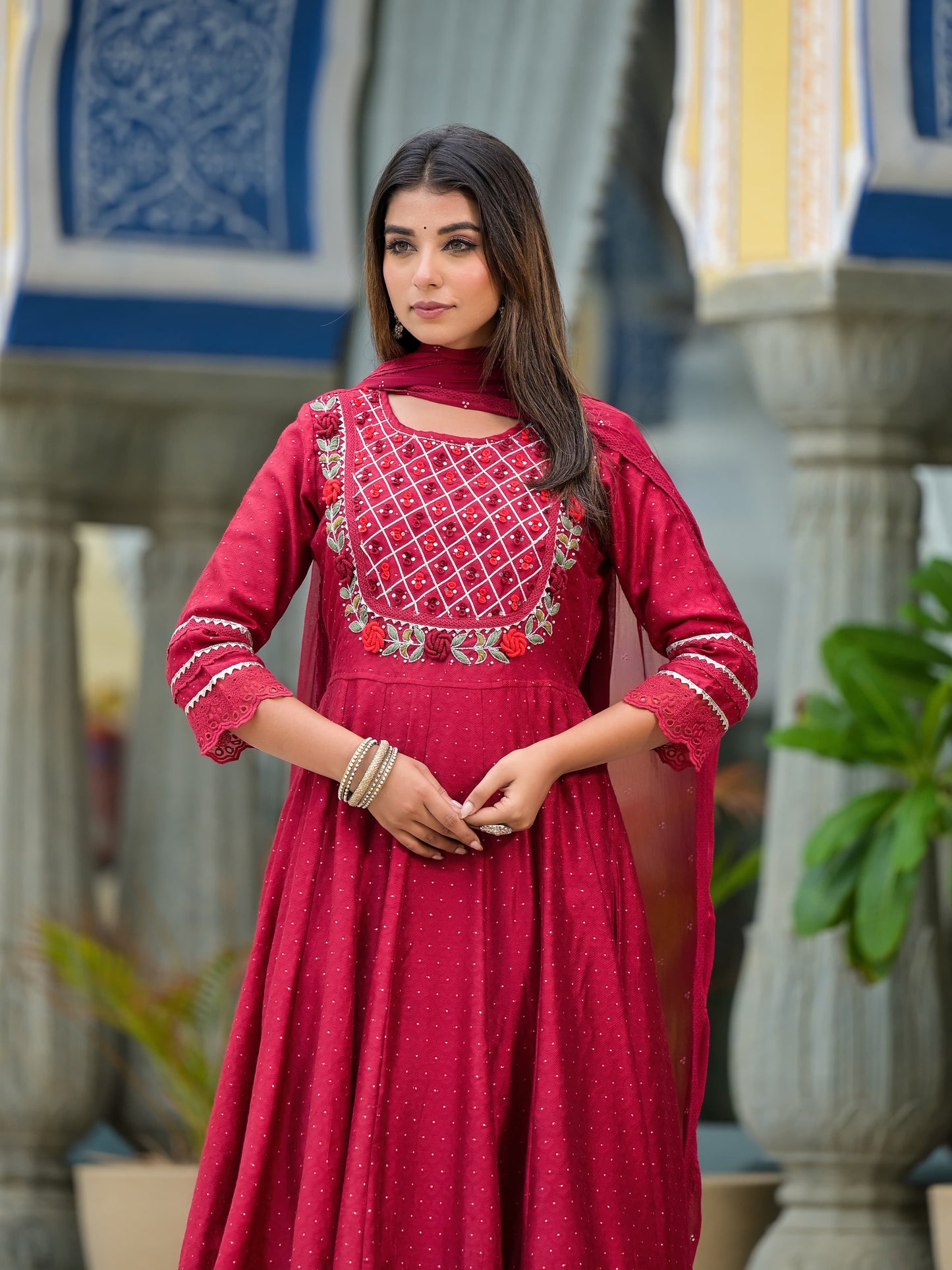 Anarkali Spring flower work Kurta with Pant & Shifon Dupatta 6-meter gira (3 Pieces)
