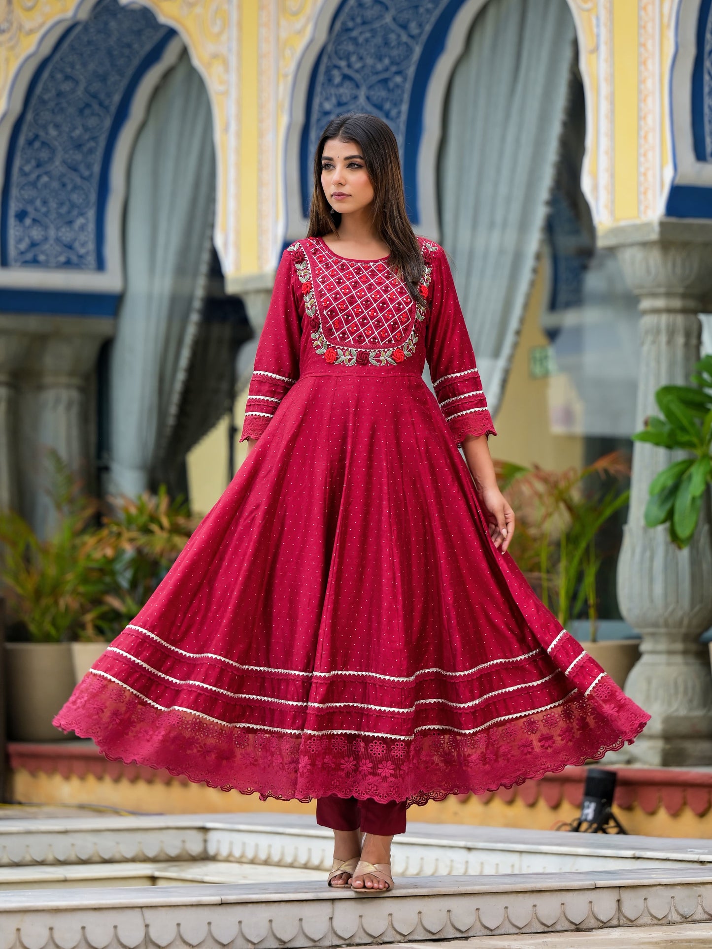Anarkali Spring flower work Kurta with Pant & Shifon Dupatta 6-meter gira (3 Pieces)