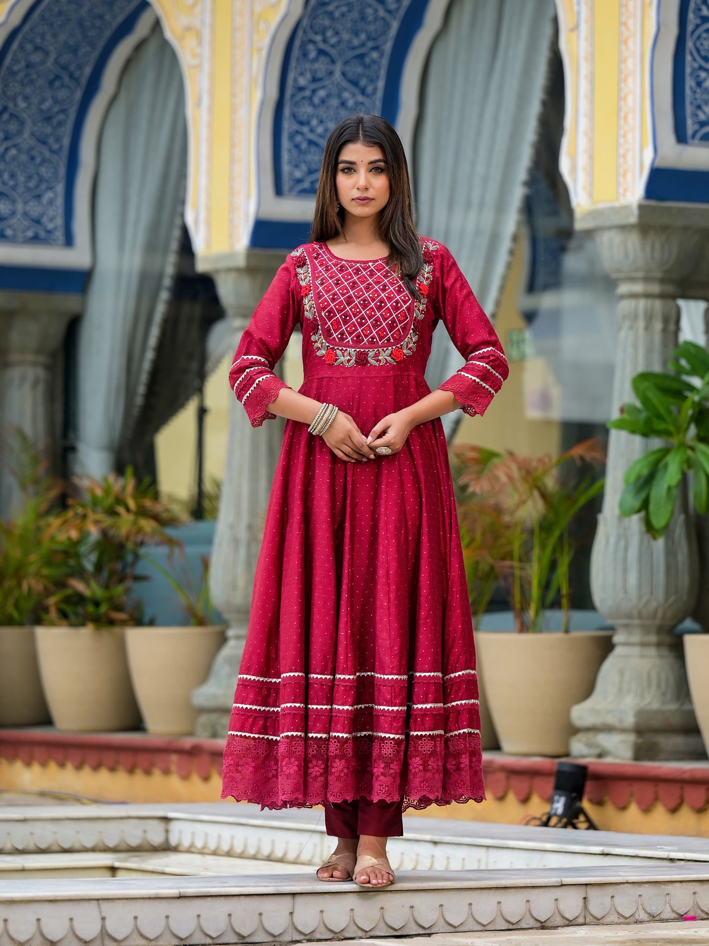 Anarkali Spring flower work Kurta with Pant & Shifon Dupatta 6-meter gira (3 Pieces)