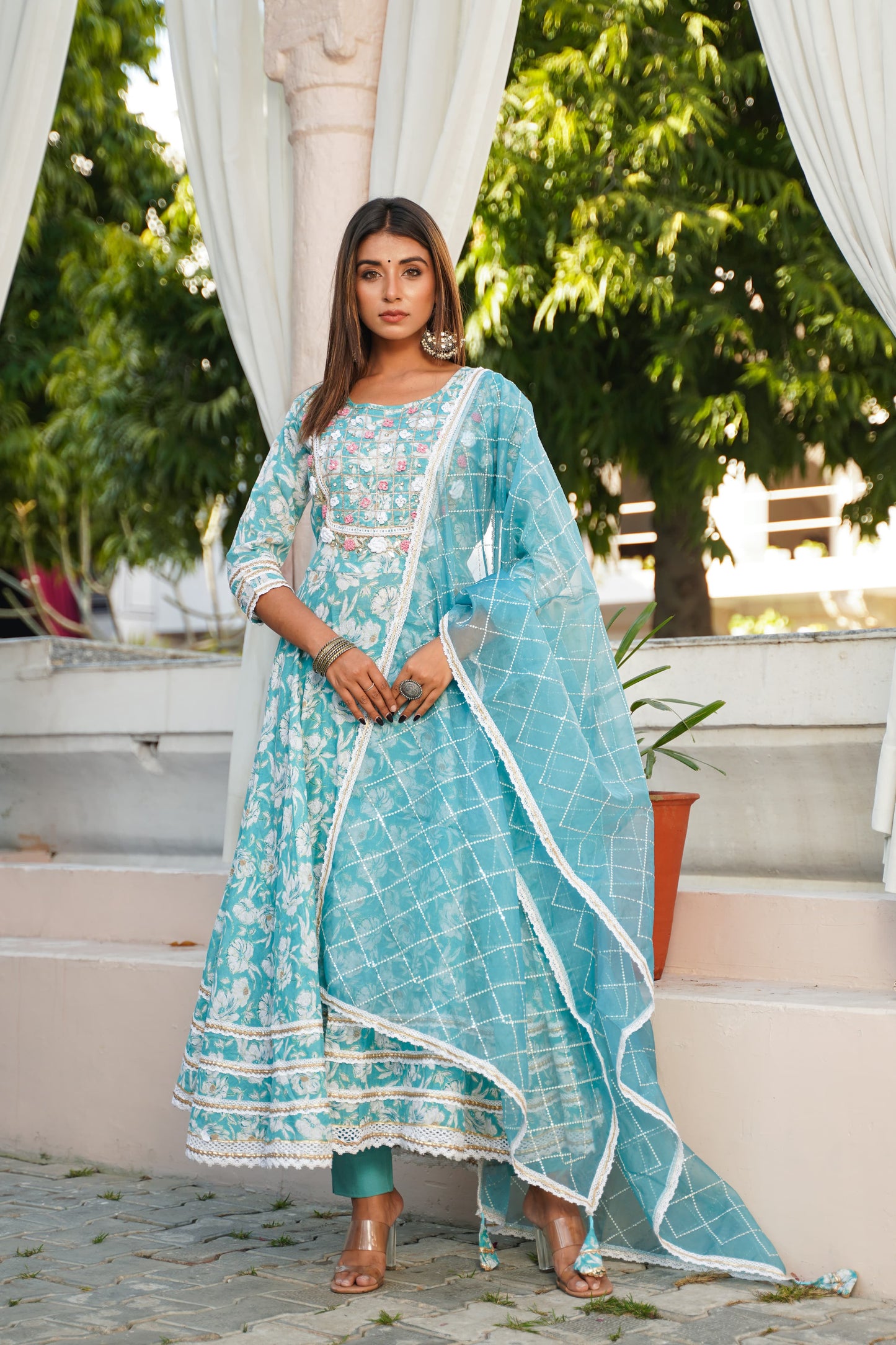 Anarkali Spring work Chanderi Kurta with Pant & Organza Dupatta 6-meter gira (3 Pieces)
