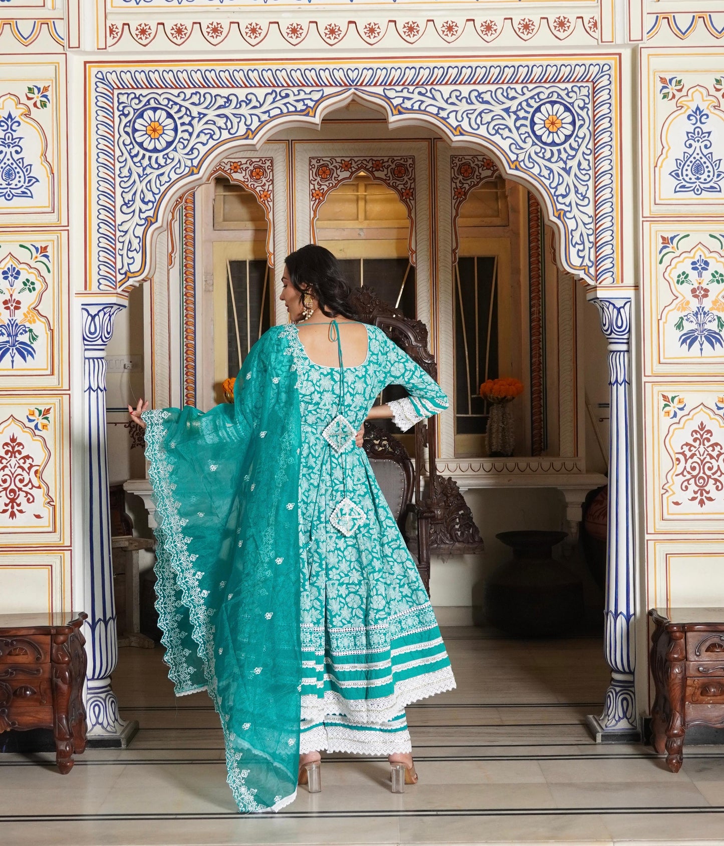Anarkali Printed Kurta with Palazzo & Organza Work Dupatta with Net Lace (3 Pieces)