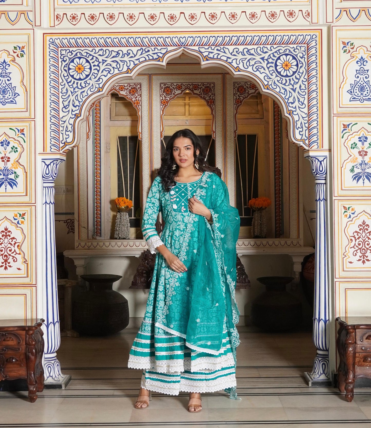Anarkali Printed Kurta with Palazzo & Organza Work Dupatta with Net Lace (3 Pieces)