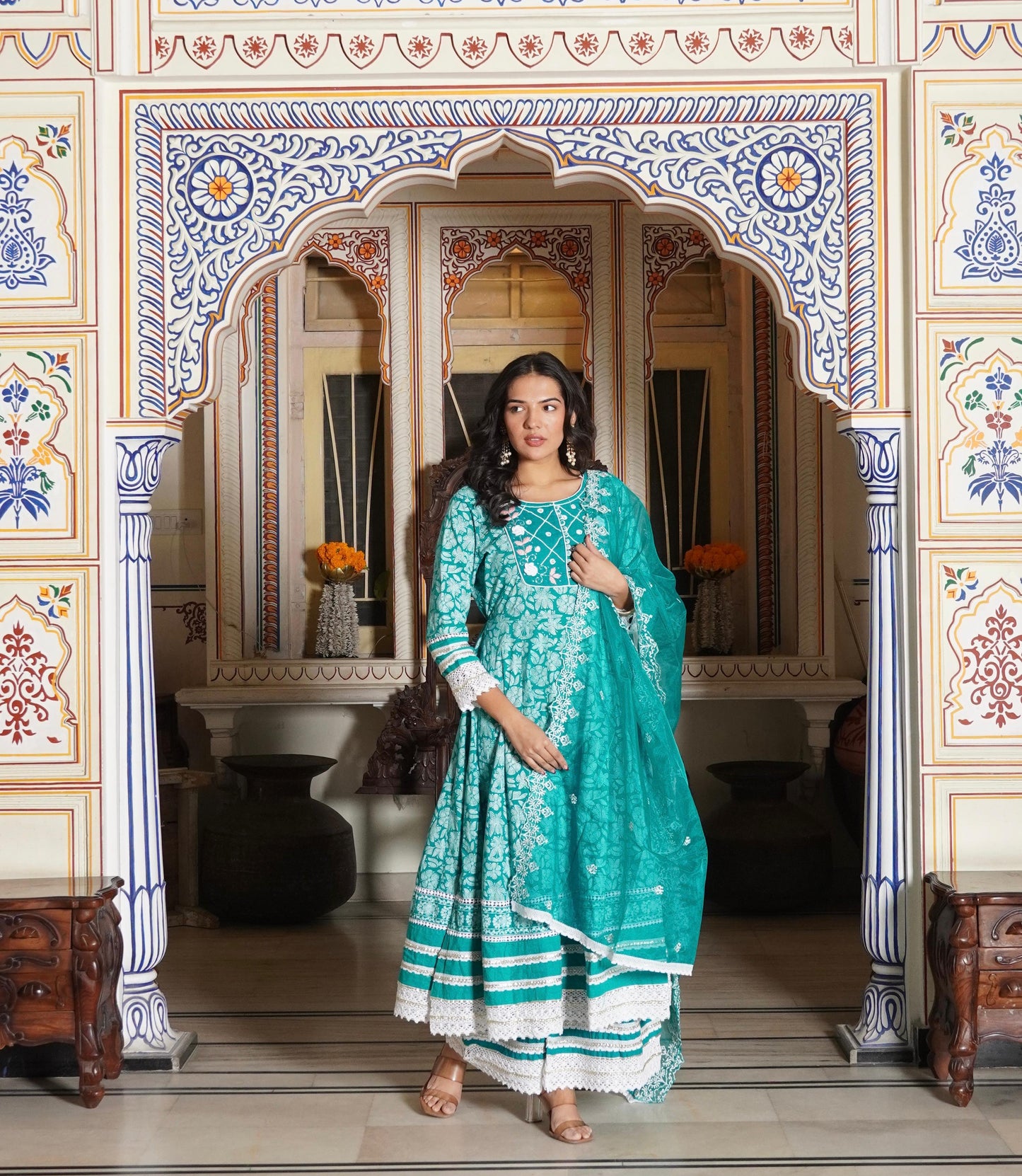 Anarkali Printed Kurta with Palazzo & Organza Work Dupatta with Net Lace (3 Pieces)