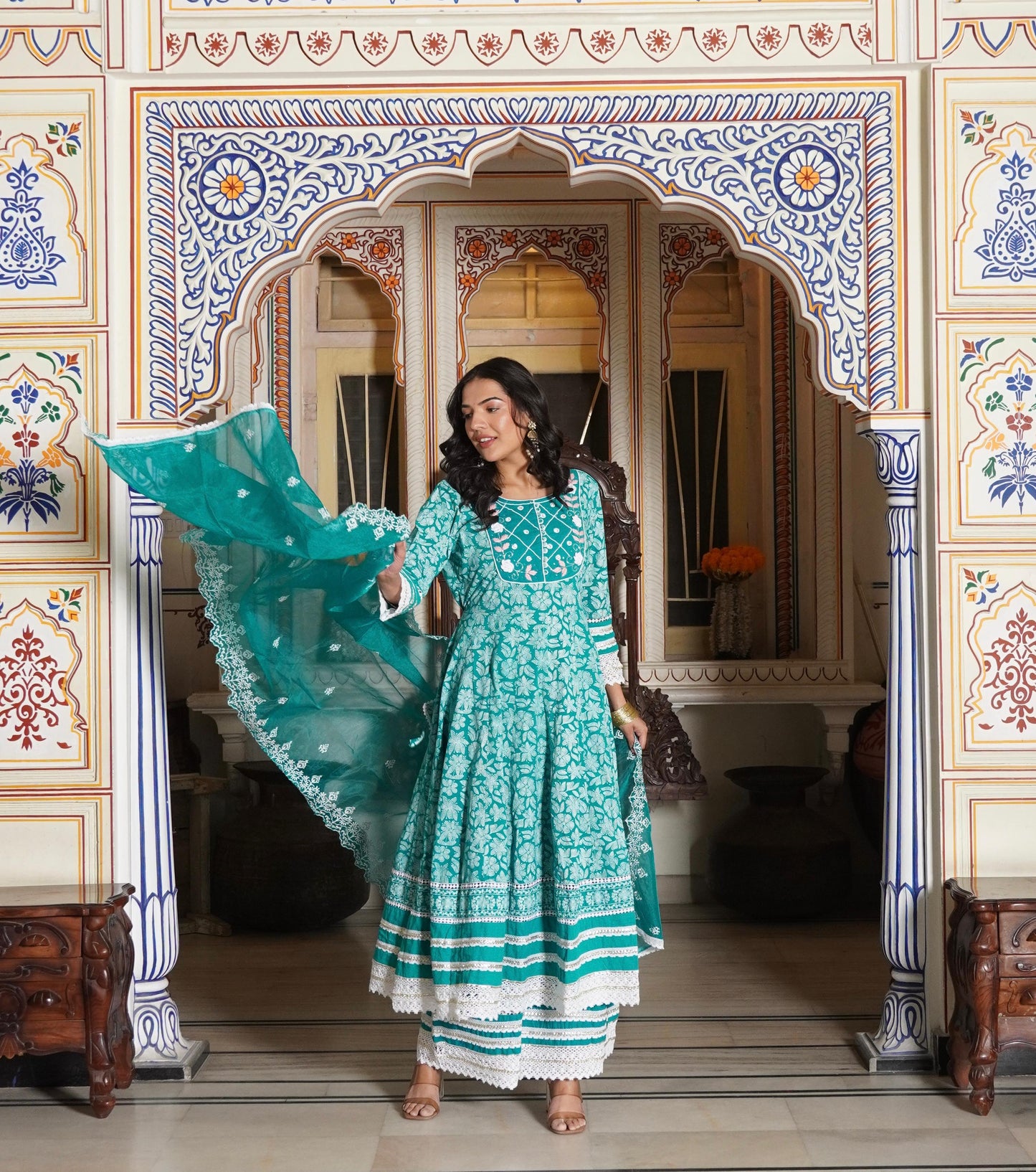Anarkali Printed Kurta with Palazzo & Organza Work Dupatta with Net Lace (3 Pieces)