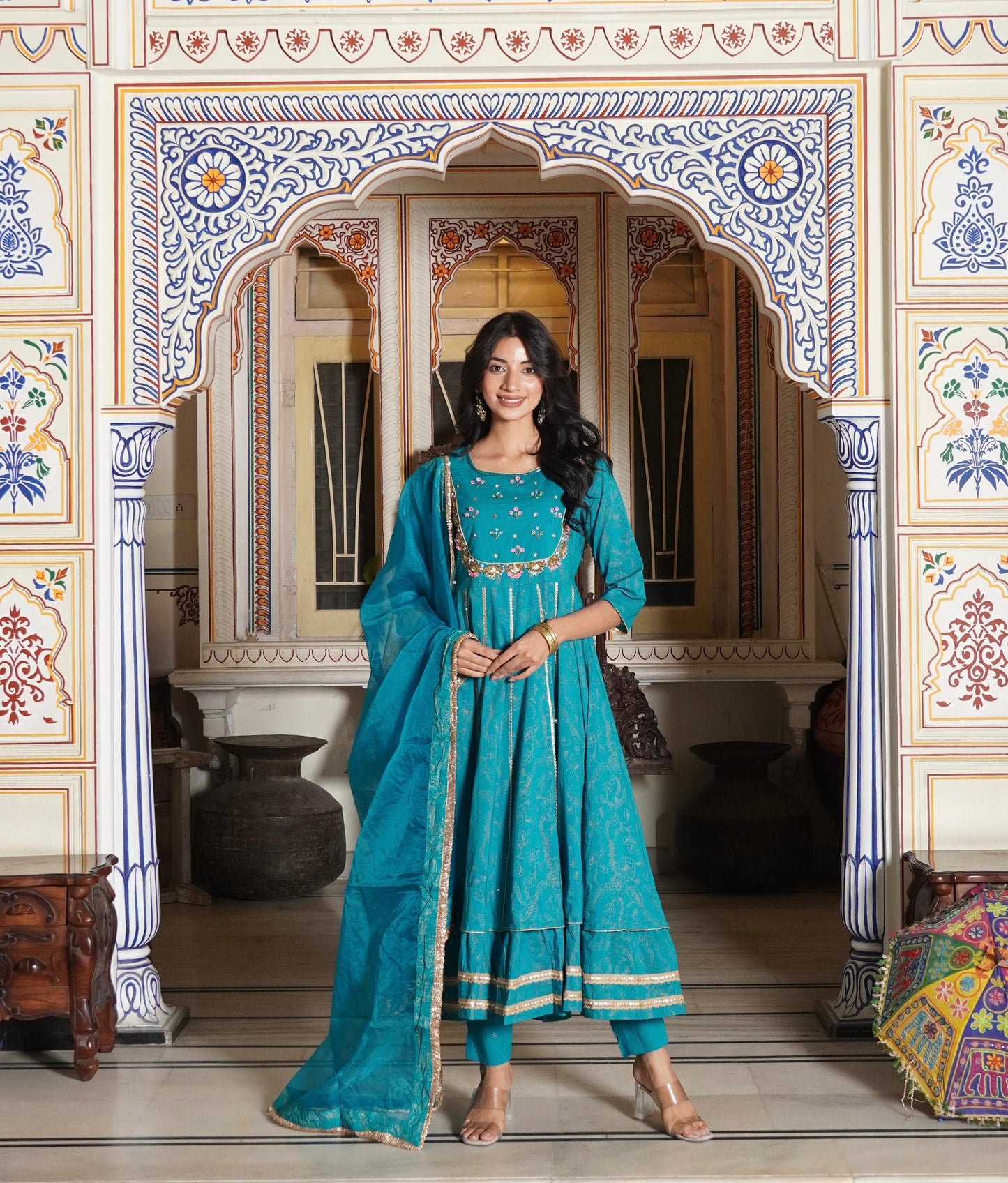 Anarkali Spring flower work Kurta with Palazzo & Organza Dupatta 6-meter gira (3 Pieces)
