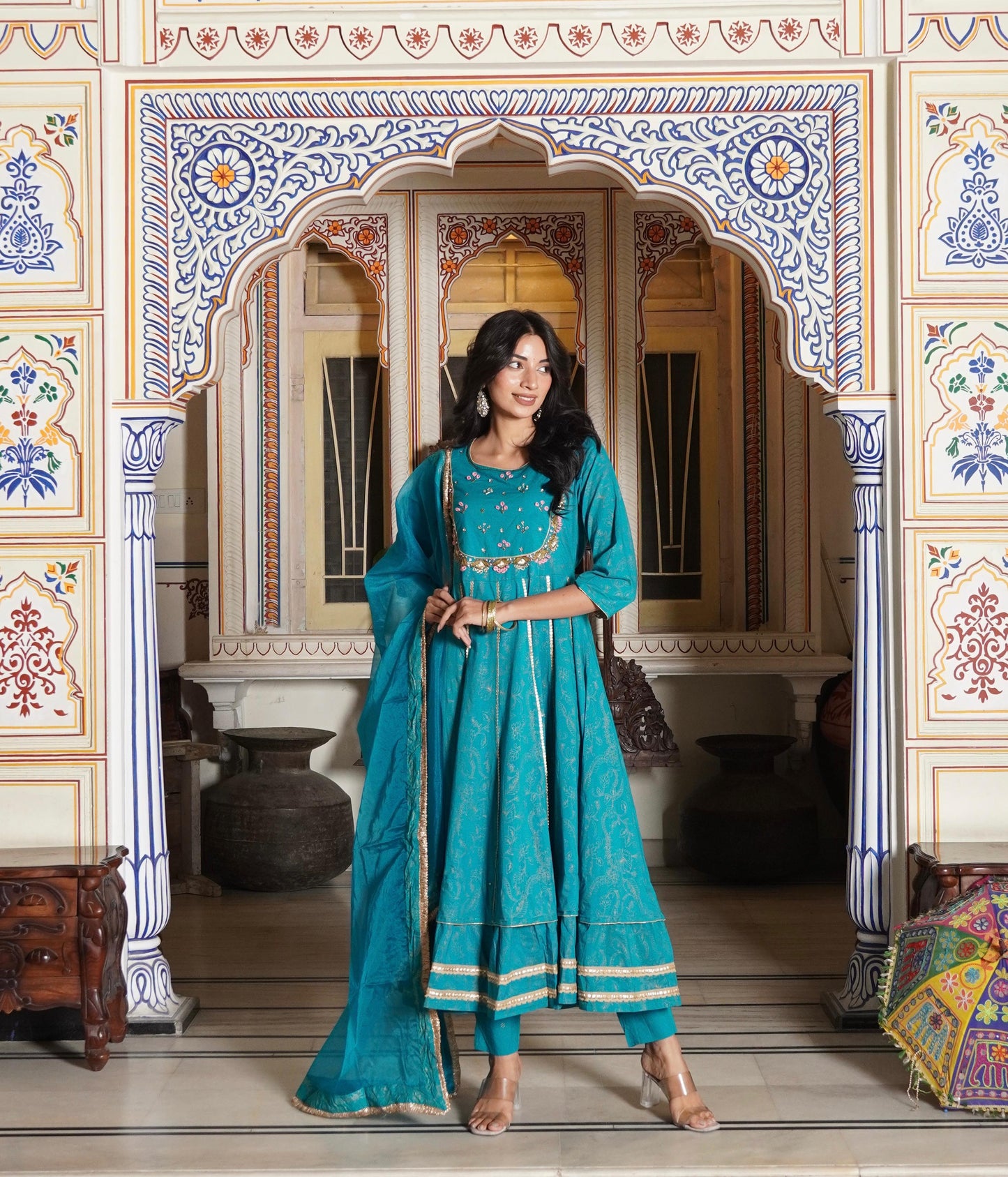 Anarkali Spring flower work Kurta with Palazzo & Organza Dupatta 6-meter gira (3 Pieces)