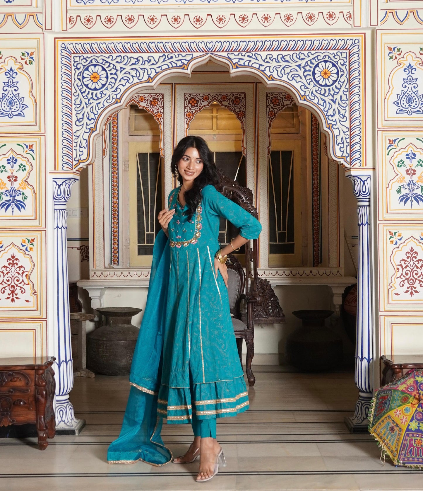 Anarkali Spring flower work Kurta with Palazzo & Organza Dupatta 6-meter gira (3 Pieces)