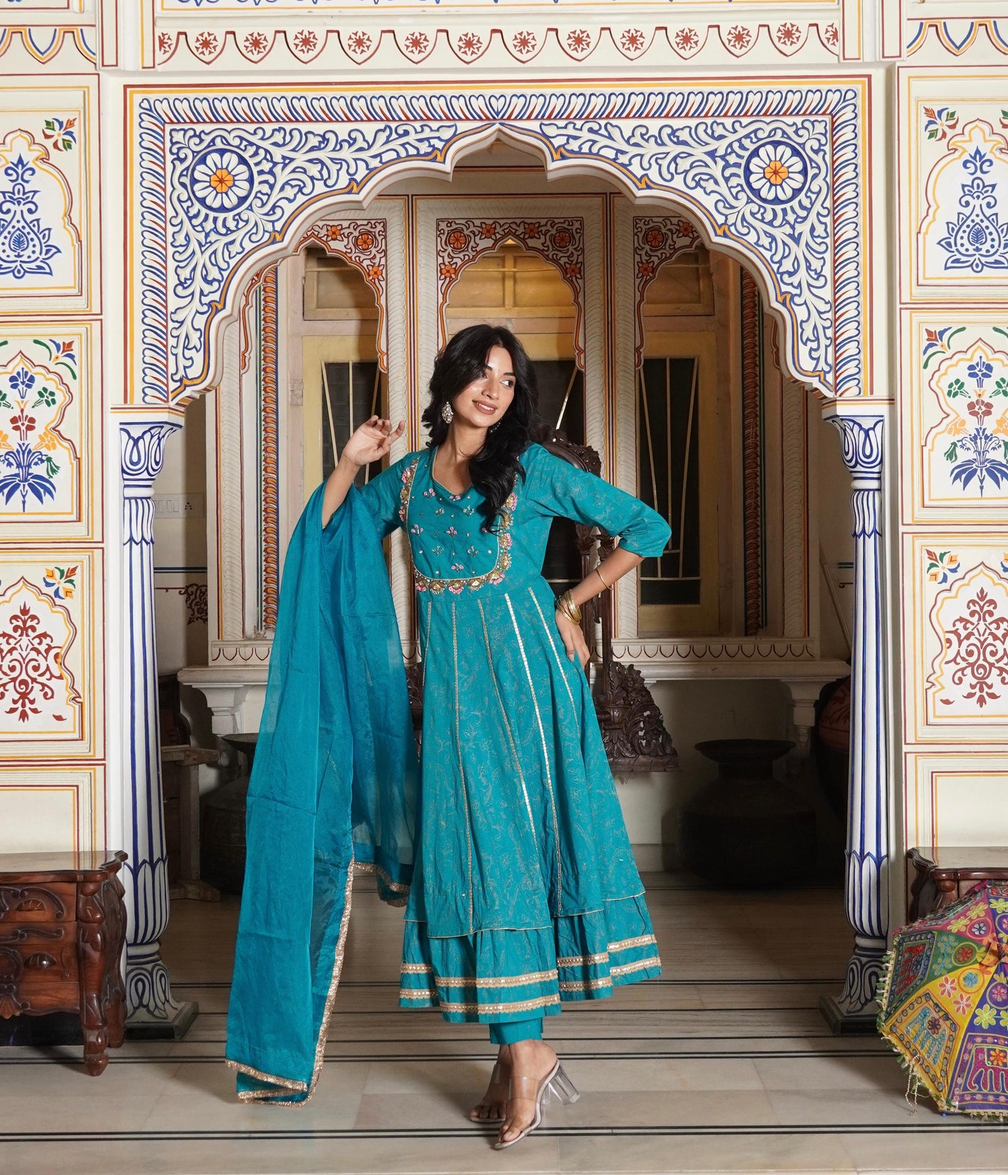 Anarkali Spring flower work Kurta with Palazzo & Organza Dupatta 6-meter gira (3 Pieces)