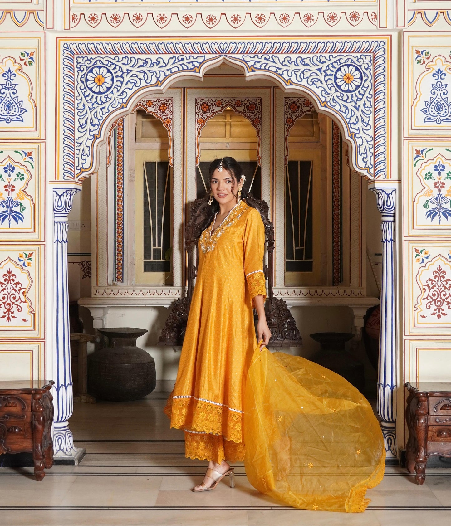 Anarkali Printed Kurta with Pant & Organza Work Dupatta (3 Pieces)
