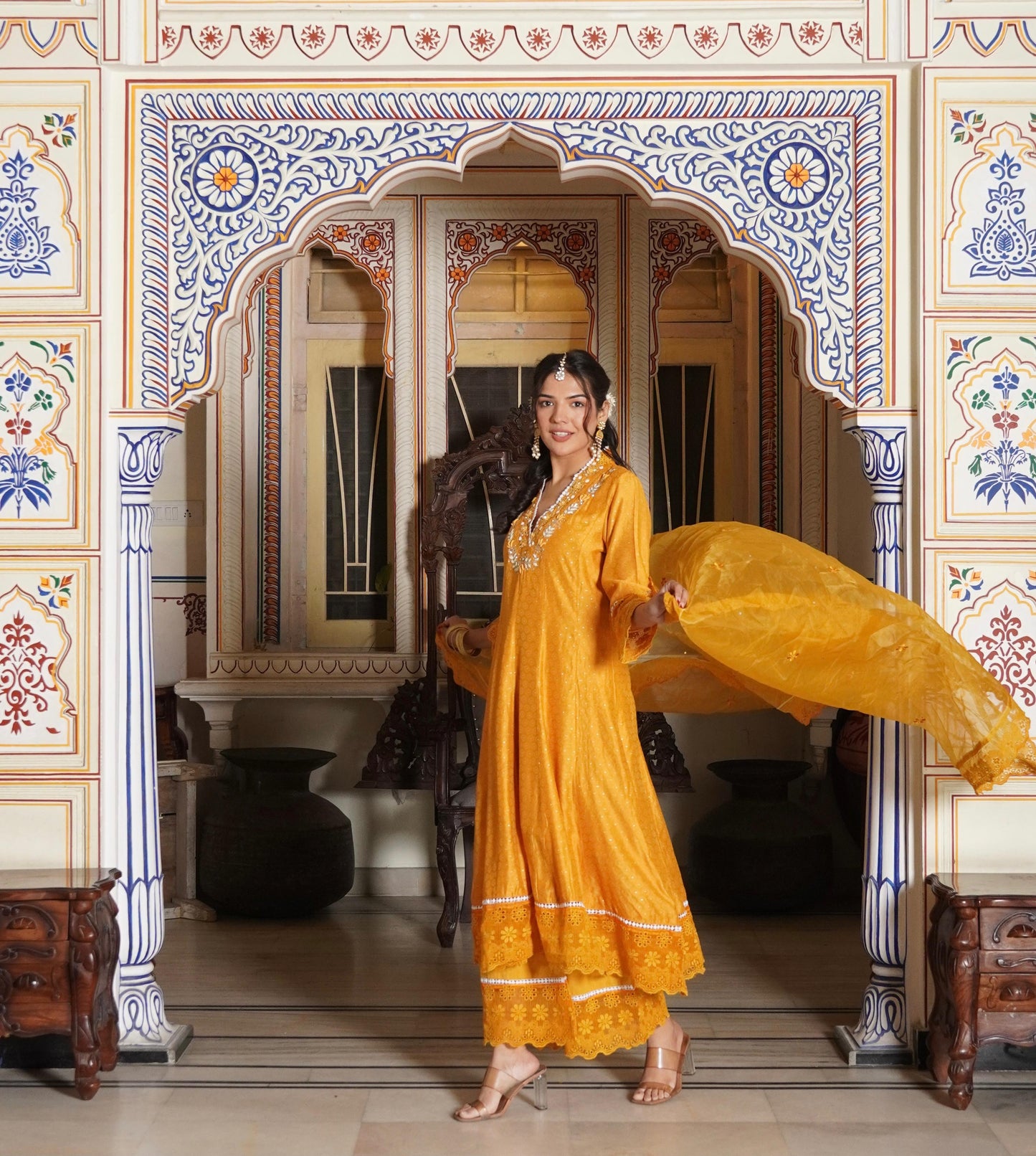 Anarkali Printed Kurta with Pant & Organza Work Dupatta (3 Pieces)