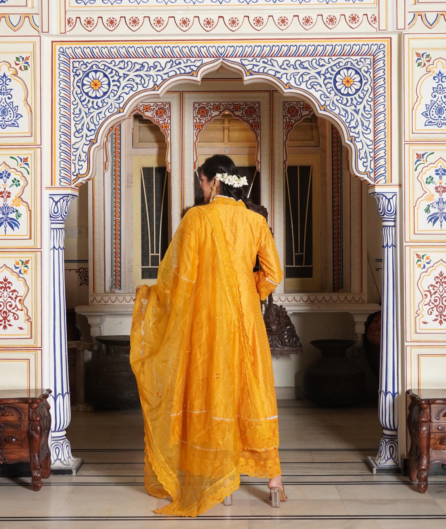 Anarkali Spring flower work Kurta with Palazzo & Organza Dupatta 6-meter gira (3 Pieces)