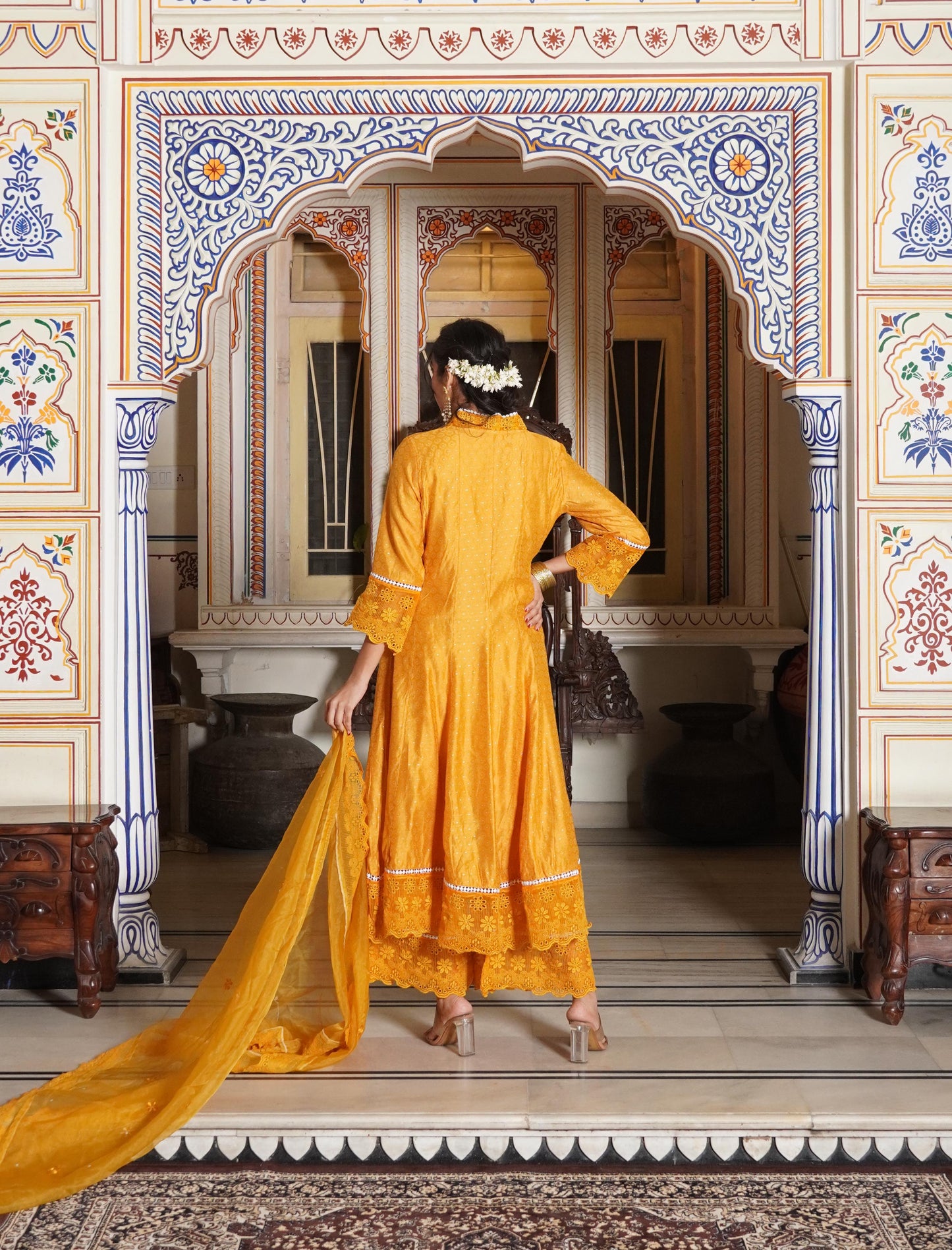 Anarkali Spring flower work Kurta with Palazzo & Organza Dupatta 6-meter gira (3 Pieces)