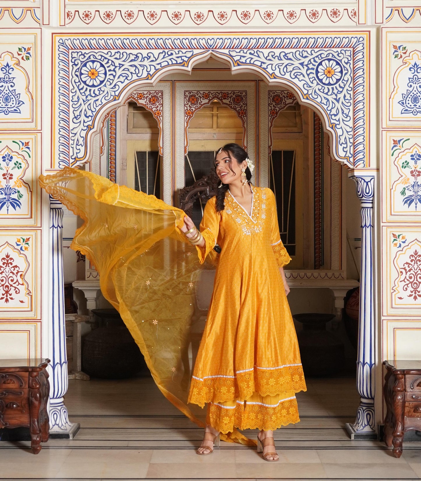 Anarkali Spring flower work Kurta with Palazzo & Organza Dupatta 6-meter gira (3 Pieces)