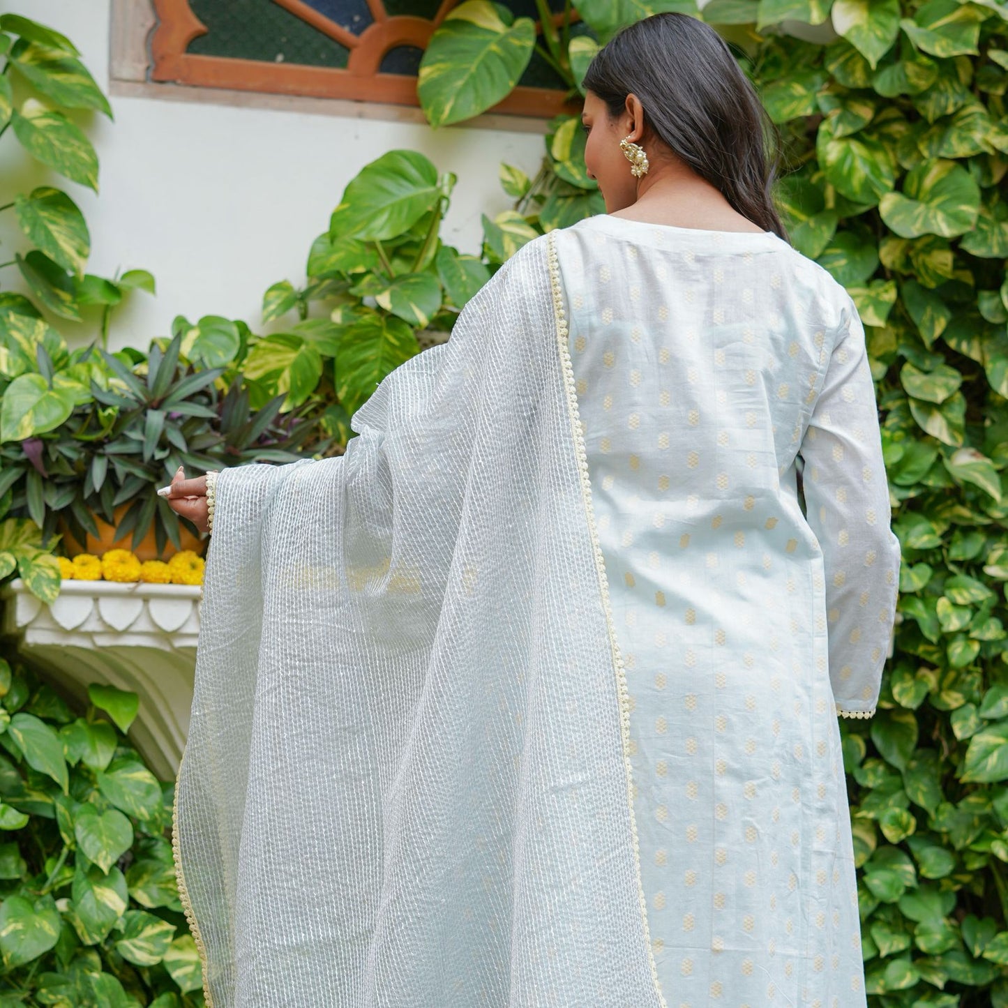 Chic Cotton Thread Set with Moti Work, Cut Dana & Tubelight Embellishments – Organza Thread Work Dupatta & Cotton Thread Bottom