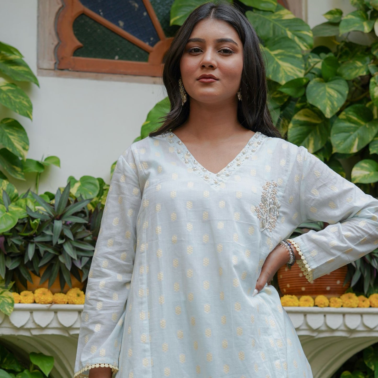 Chic Cotton Thread Set with Moti Work, Cut Dana & Tubelight Embellishments – Organza Thread Work Dupatta & Cotton Thread Bottom