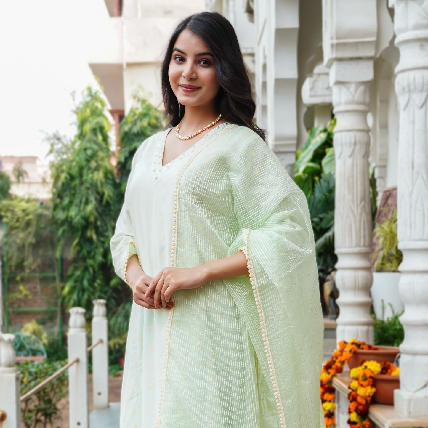Chic Cotton Thread Set with Moti Work, Cut Dana & Tubelight Embellishments – Organza Thread Work Dupatta & Cotton Thread Bottom