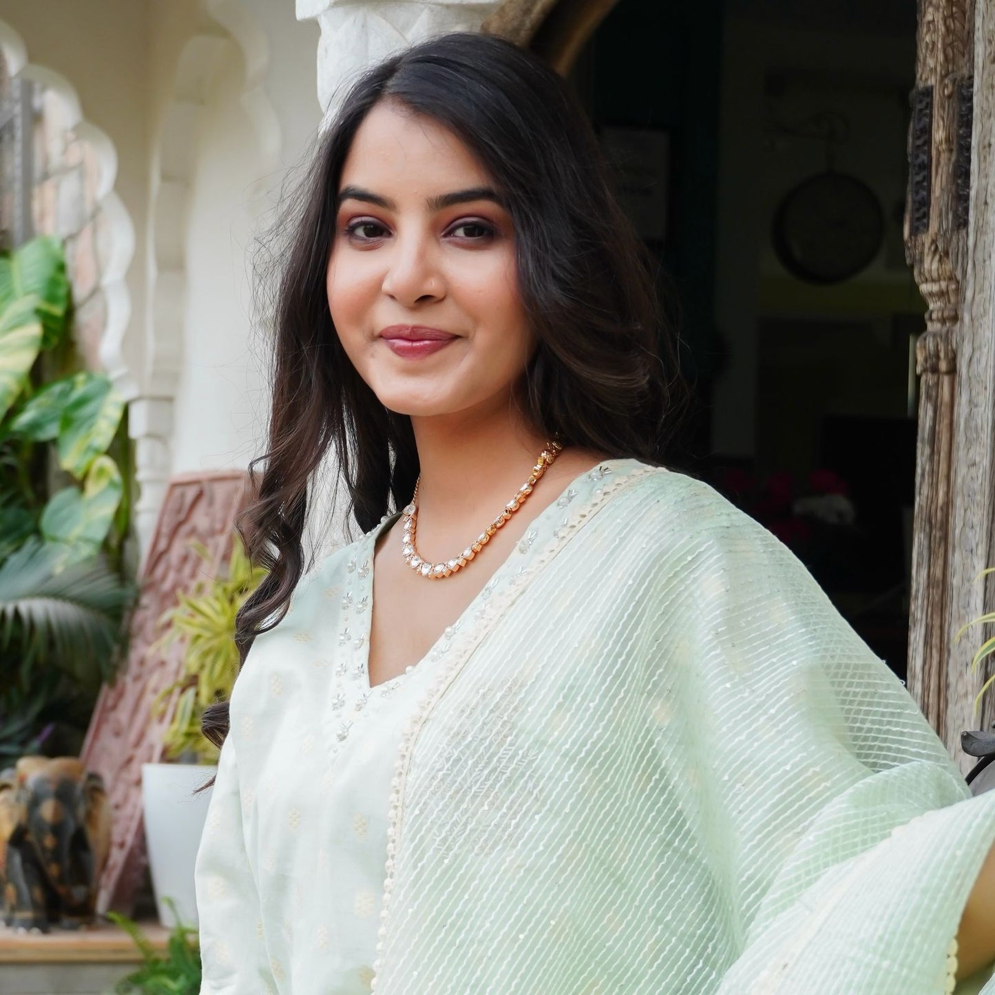 Chic Cotton Thread Set with Moti Work, Cut Dana & Tubelight Embellishments – Organza Thread Work Dupatta & Cotton Thread Bottom