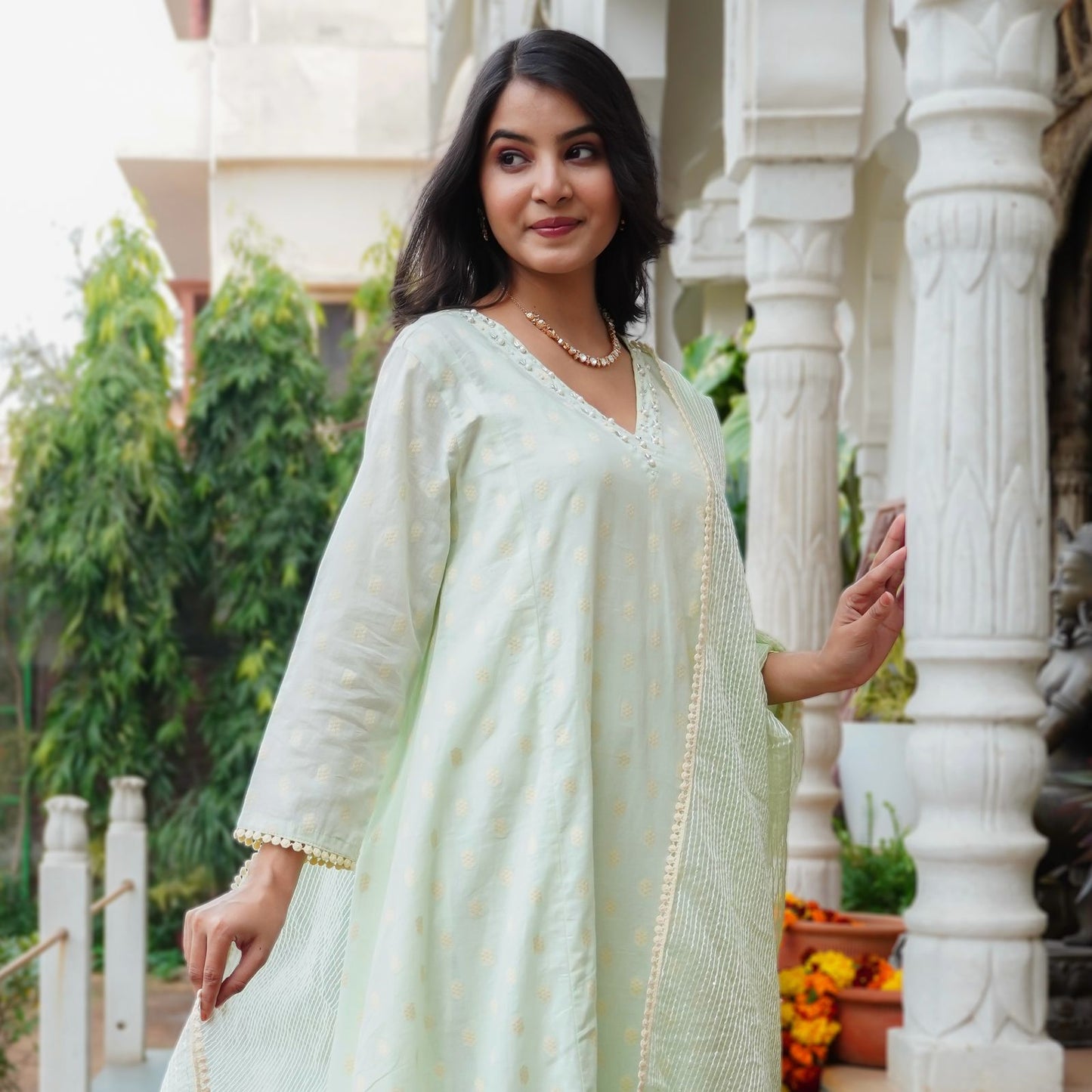 Chic Cotton Thread Set with Moti Work, Cut Dana & Tubelight Embellishments – Organza Thread Work Dupatta & Cotton Thread Bottom