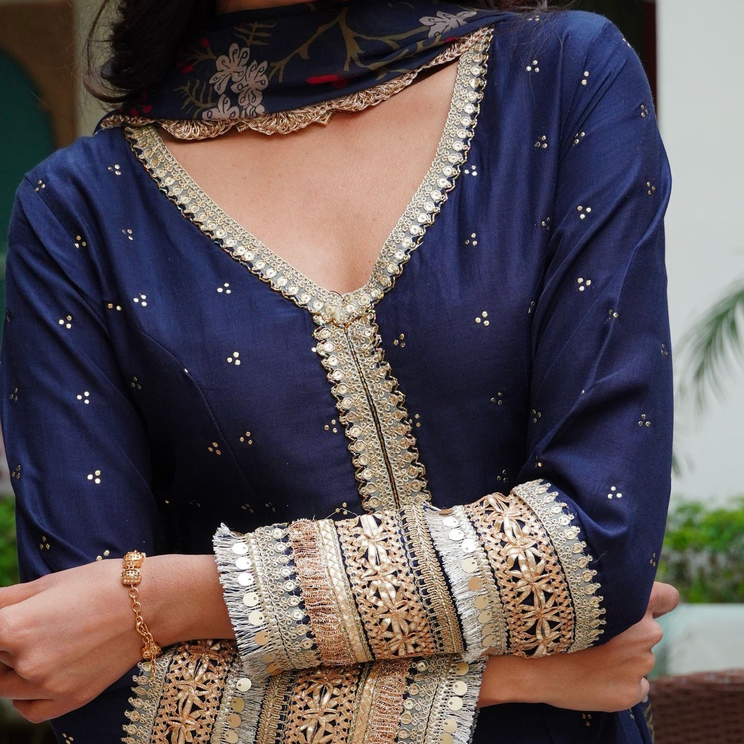 Silk Mukesh Work V-Neck Set with Hand Embellishments, Fancy Lace & Tubelight Work, Digital Print Dupatta