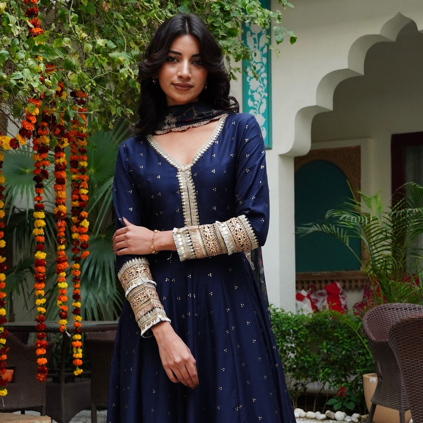 Silk Mukesh Work V-Neck Set with Hand Embellishments, Fancy Lace & Tubelight Work, Digital Print Dupatta