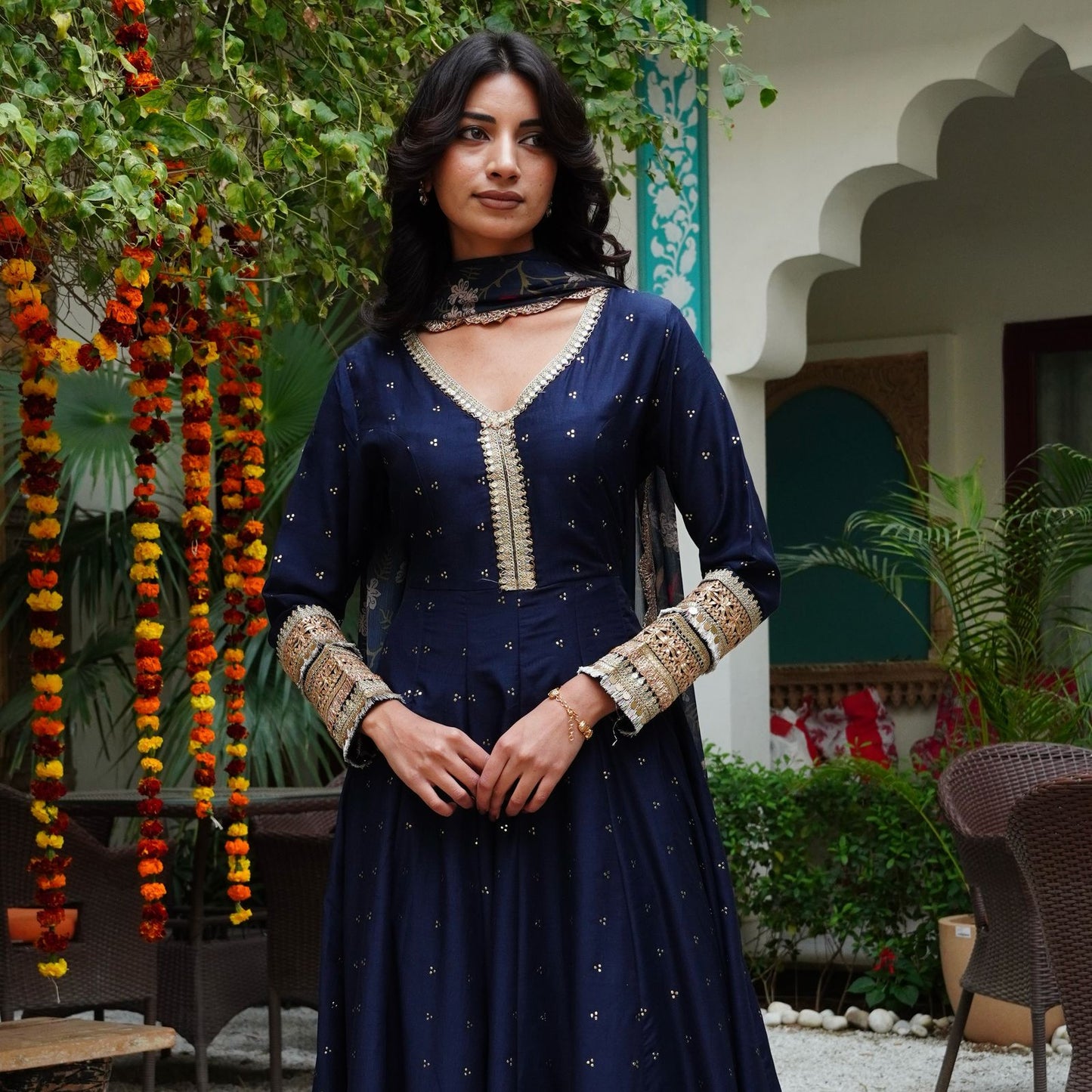 Silk Mukesh Work V-Neck Set with Hand Embellishments, Fancy Lace & Tubelight Work, Digital Print Dupatta