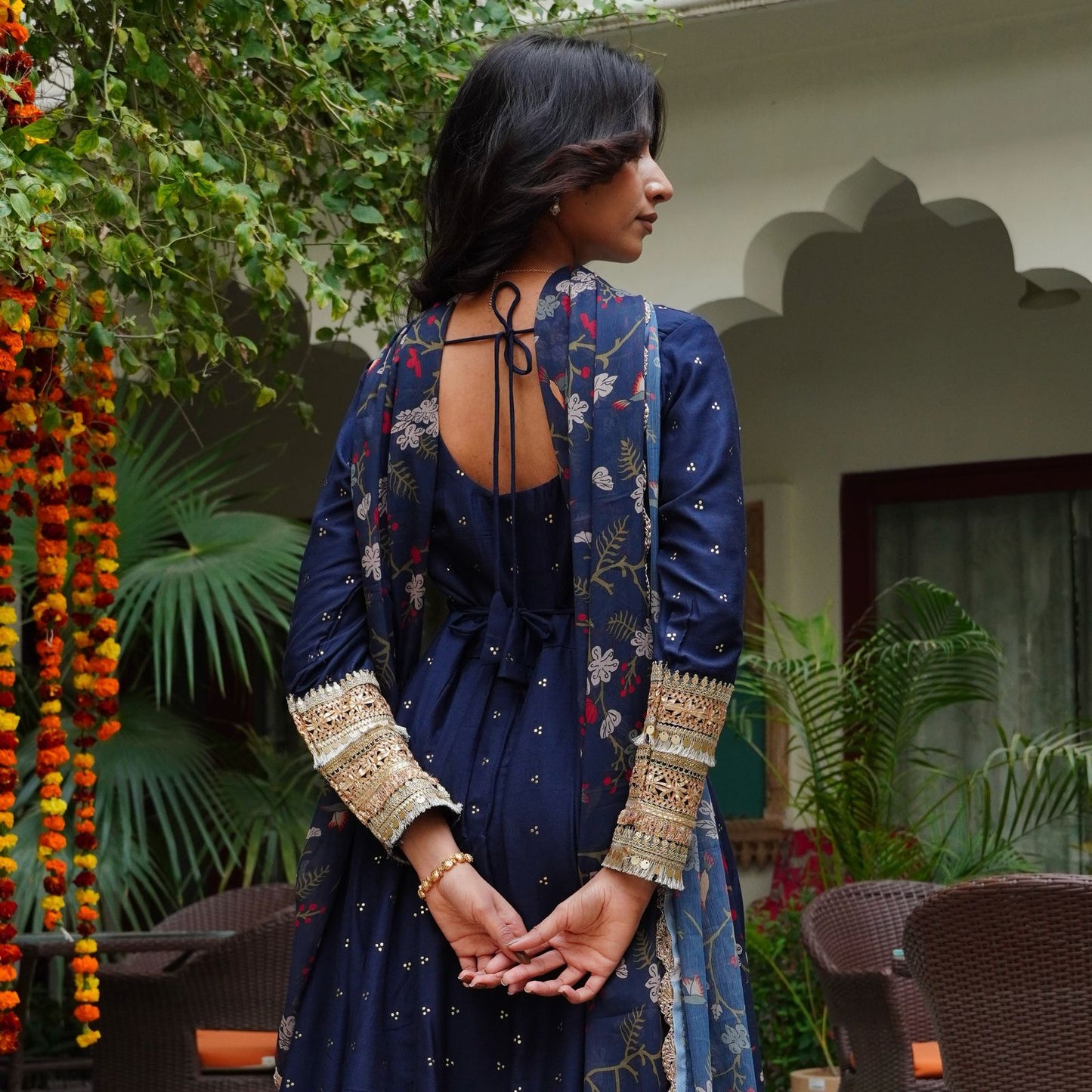 Silk Mukesh Work V-Neck Set with Hand Embellishments, Fancy Lace & Tubelight Work, Digital Print Dupatta