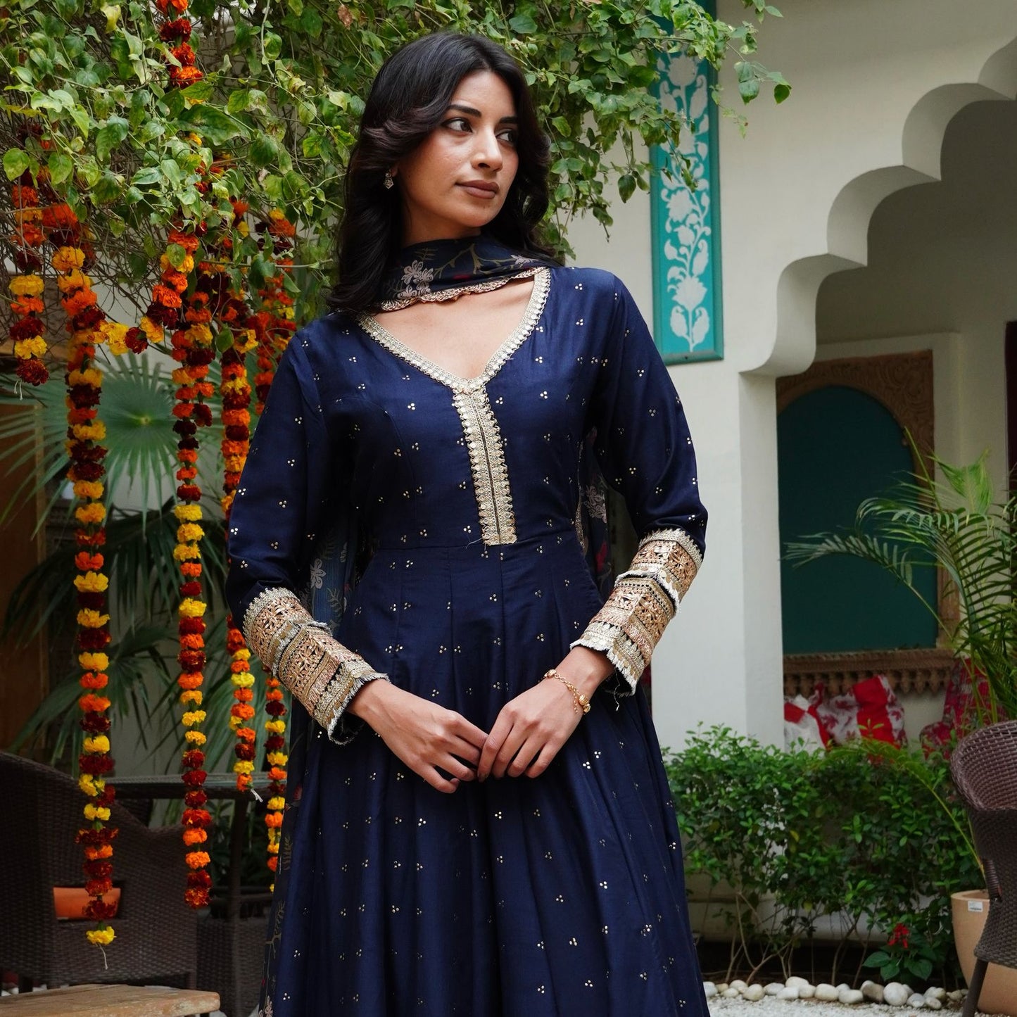 Silk Mukesh Work V-Neck Set with Hand Embellishments, Fancy Lace & Tubelight Work, Digital Print Dupatta