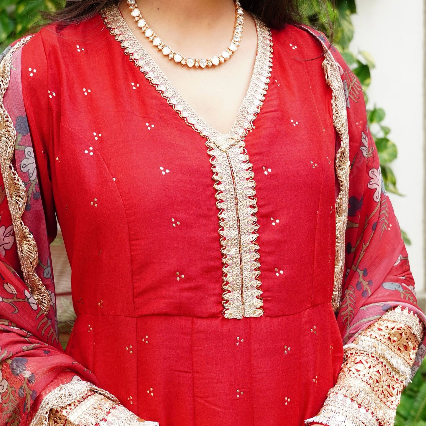 Silk Mukesh Work V-Neck Set with Hand Embellishments, Fancy Lace & Tubelight Work, Digital Print Dupatta
