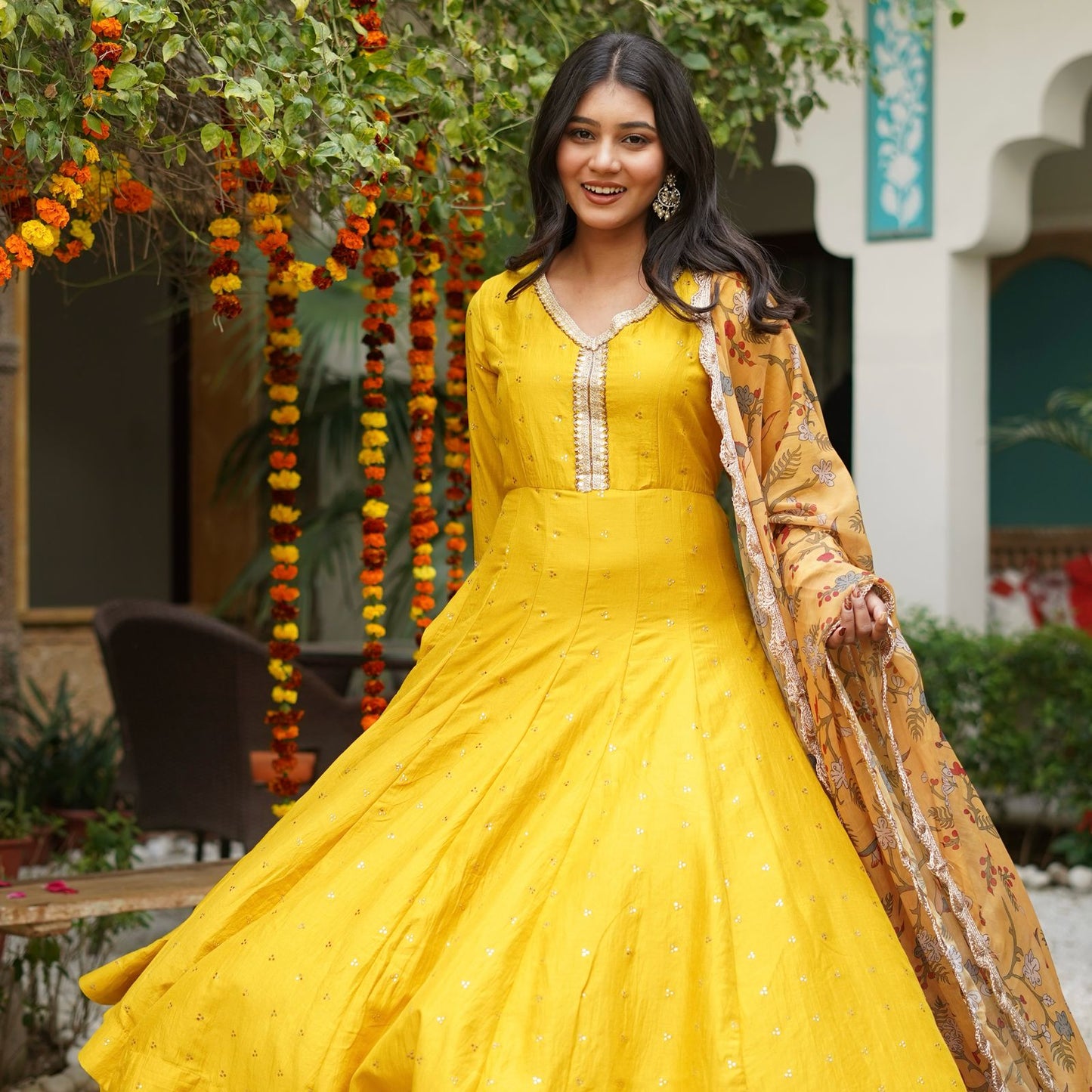 Silk Mukesh Work V-Neck Set with Hand Embellishments, Fancy Lace & Tubelight Work, Digital Print Dupatta