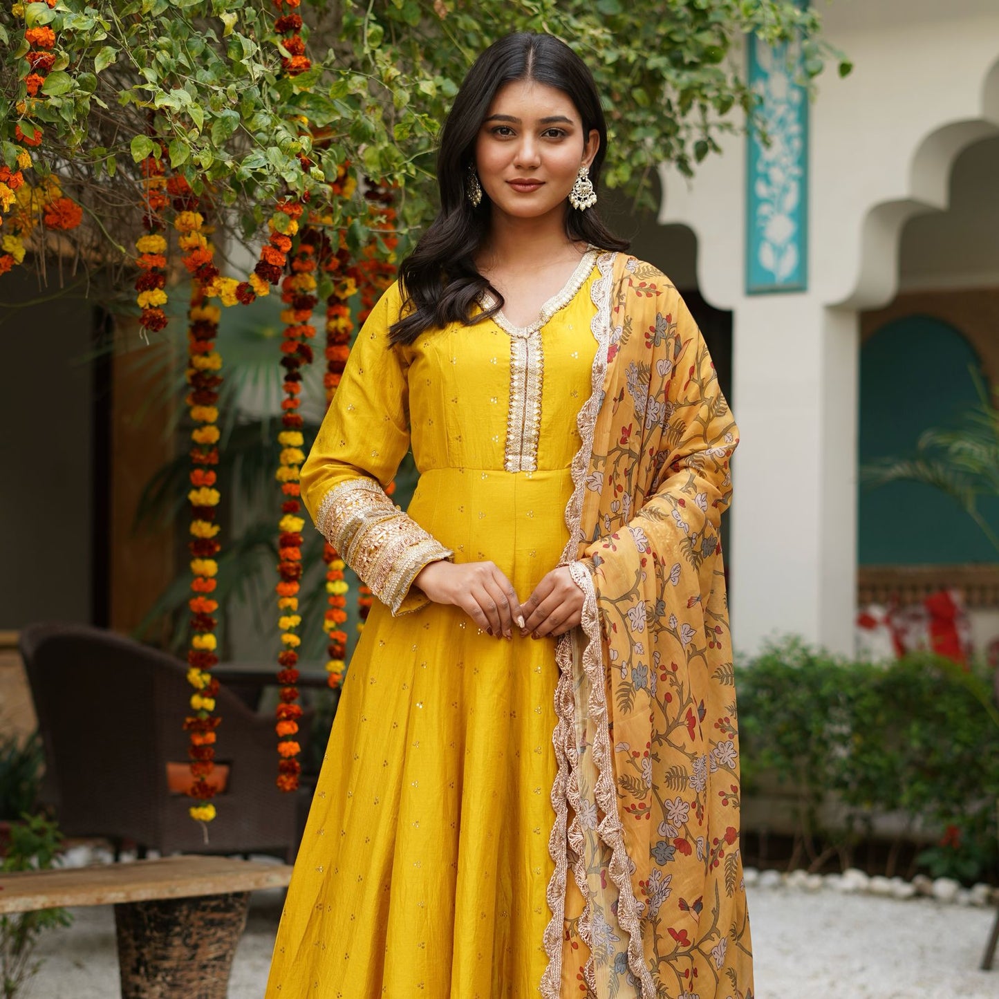 Silk Mukesh Work V-Neck Set with Hand Embellishments, Fancy Lace & Tubelight Work, Digital Print Dupatta