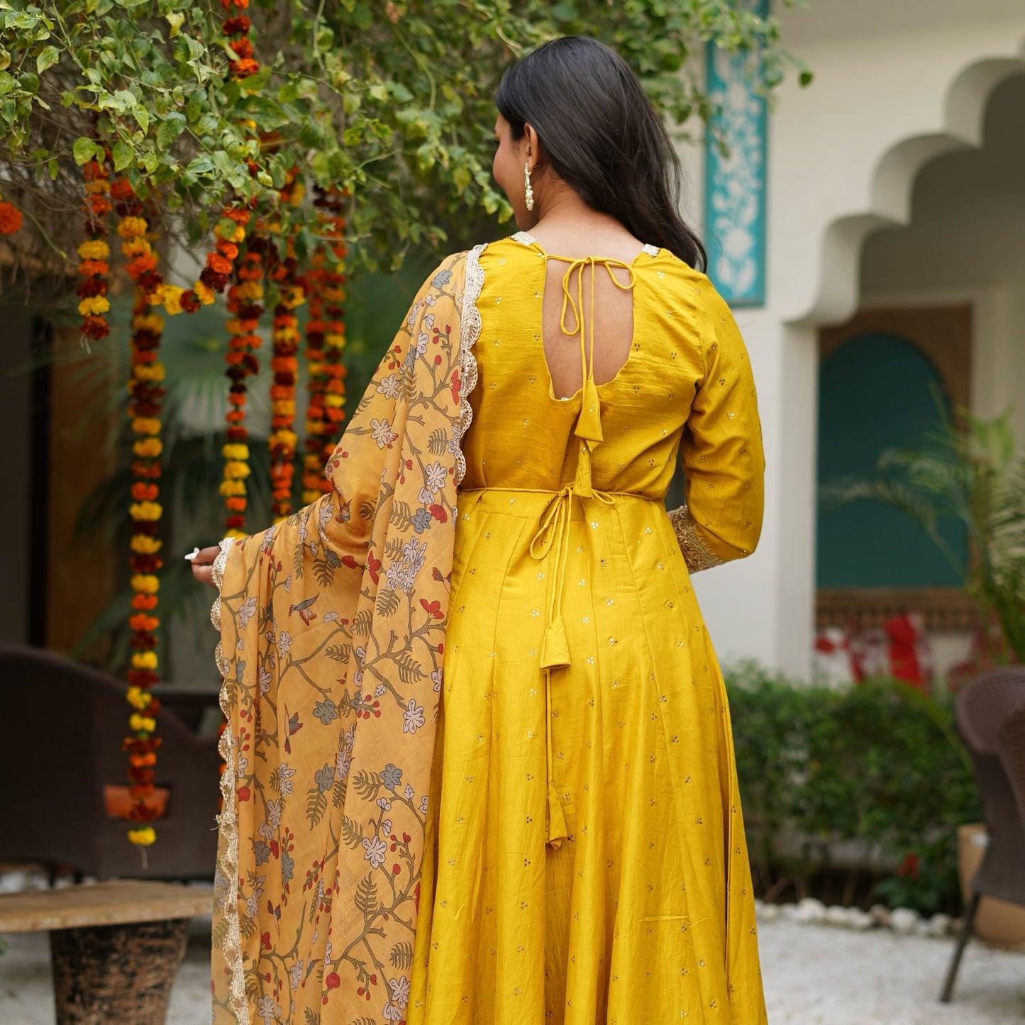 Silk Mukesh Work V-Neck Set with Hand Embellishments, Fancy Lace & Tubelight Work, Digital Print Dupatta