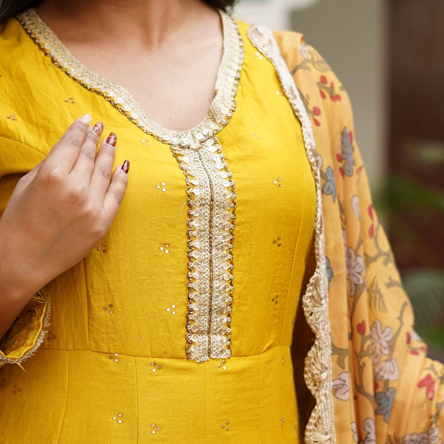Silk Mukesh Work V-Neck Set with Hand Embellishments, Fancy Lace & Tubelight Work, Digital Print Dupatta
