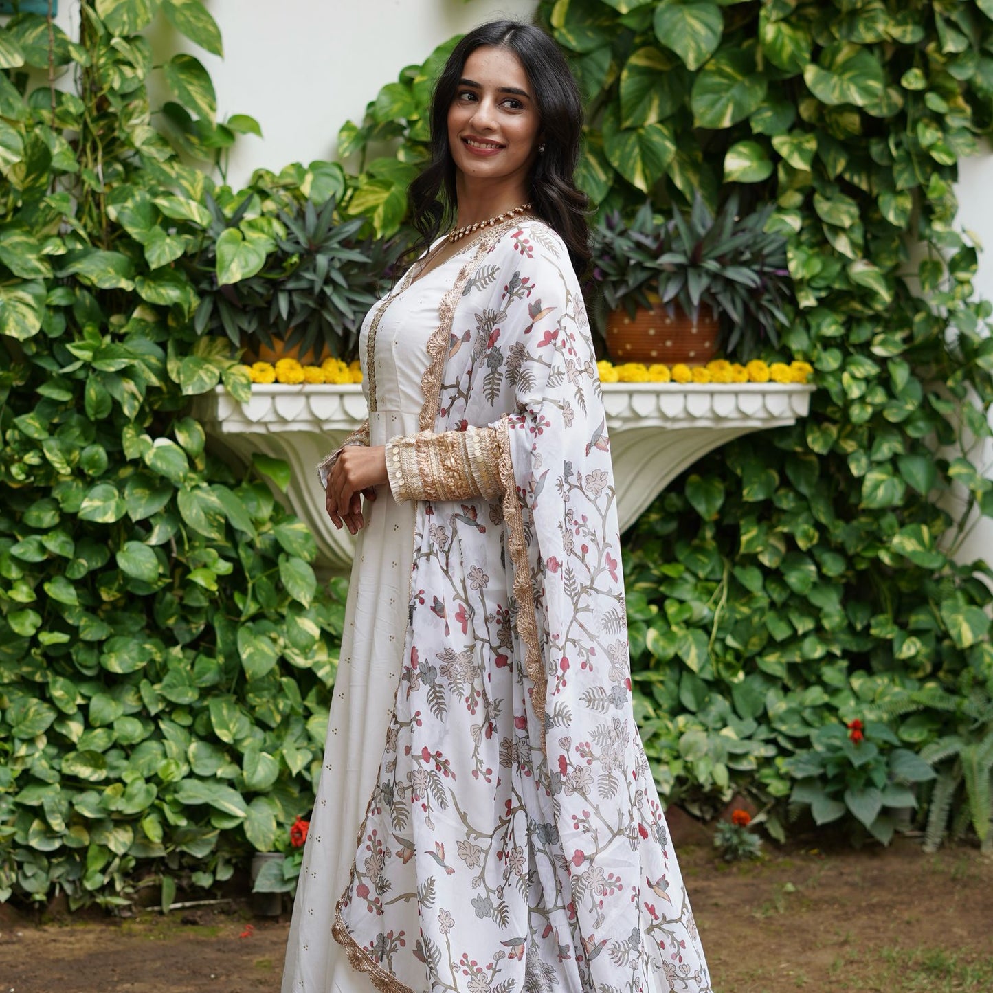 Silk Mukesh Work V-Neck Set with Hand Embellishments, Fancy Lace & Tubelight Work, Digital Print Dupatta