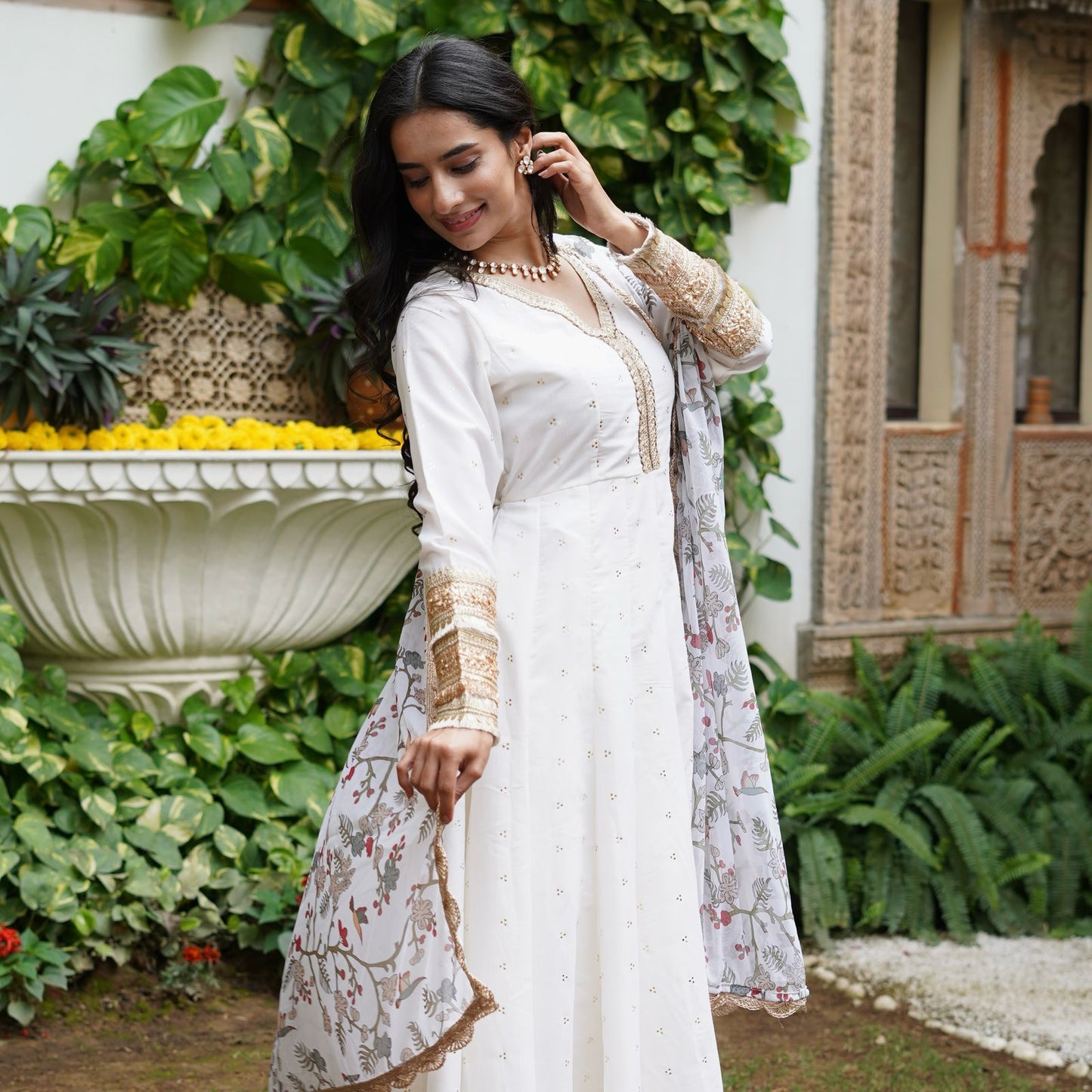Silk Mukesh Work V-Neck Set with Hand Embellishments, Fancy Lace & Tubelight Work, Digital Print Dupatta